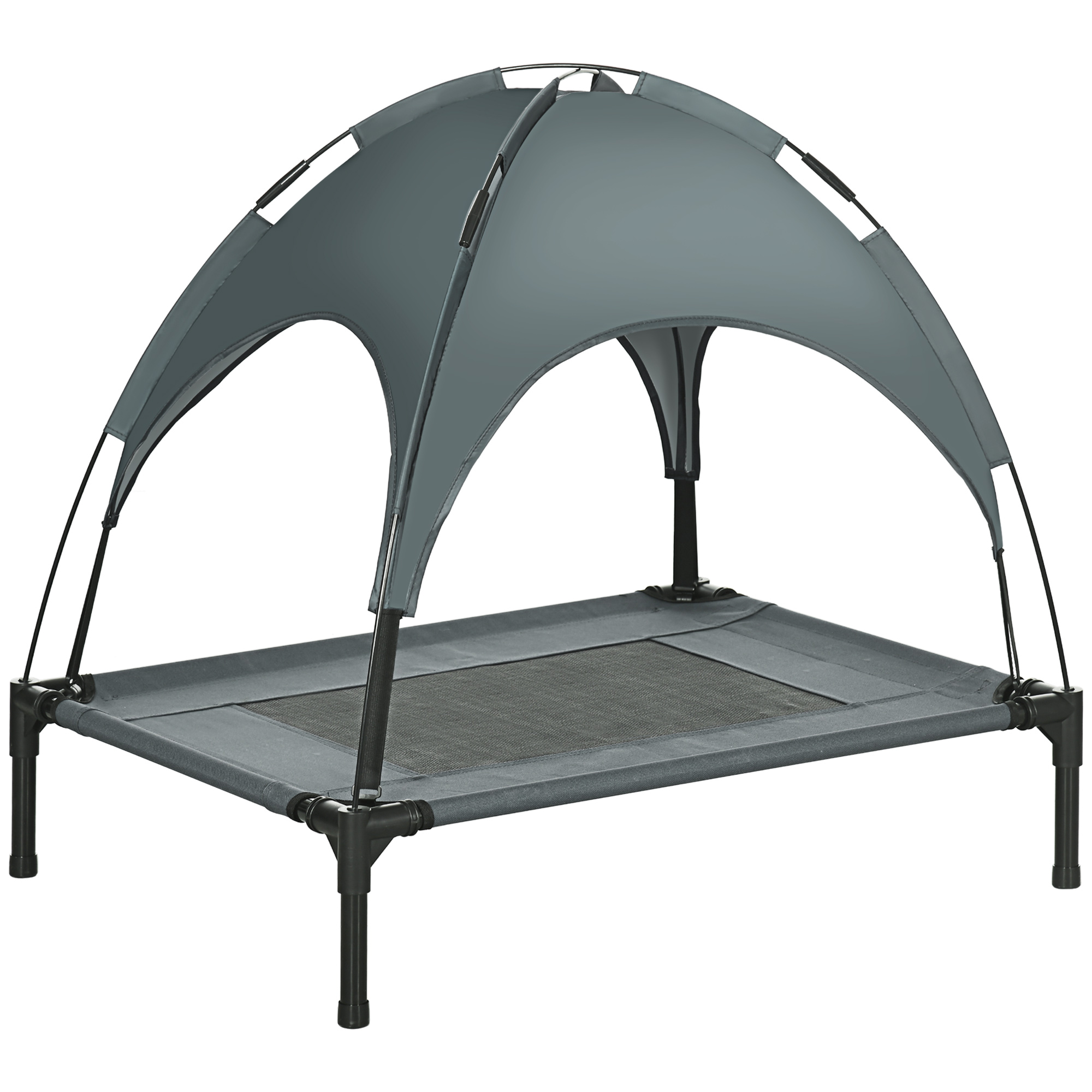 PawHut Erhöhtes Hundebett mit Baldachin, Haustierbett, Hundeliege outdoor mit Dach, Atmungsaktiv, Taftstoff für Camping Grau 76 x 61 x 73 cm