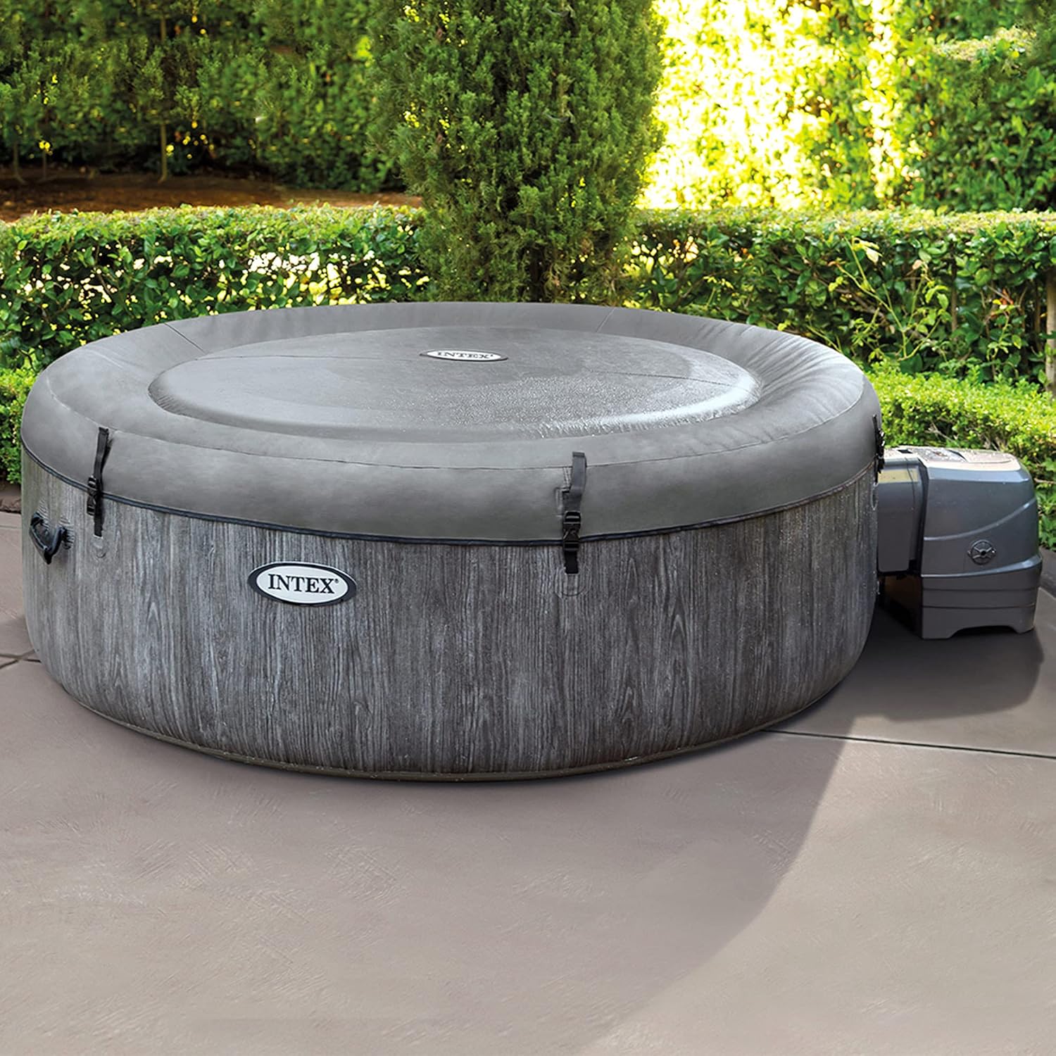 Intex 28440EX - PureSpa Vasca Idromassaggio Gonfiabile Greywood Deluxe, 4 posti, 140 Getti, Riscaldatore, PVC, Grigio, 196x71 cm