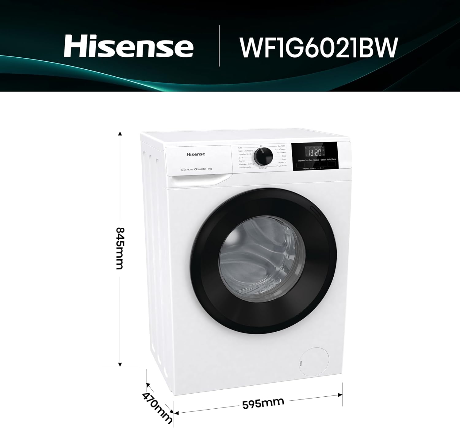 Hisense WFVB7012EM Front Load Washing Machine 7 kg 1200 rpm 15 Programs Steam LED Display Rapid Program Delay Start Child Lock