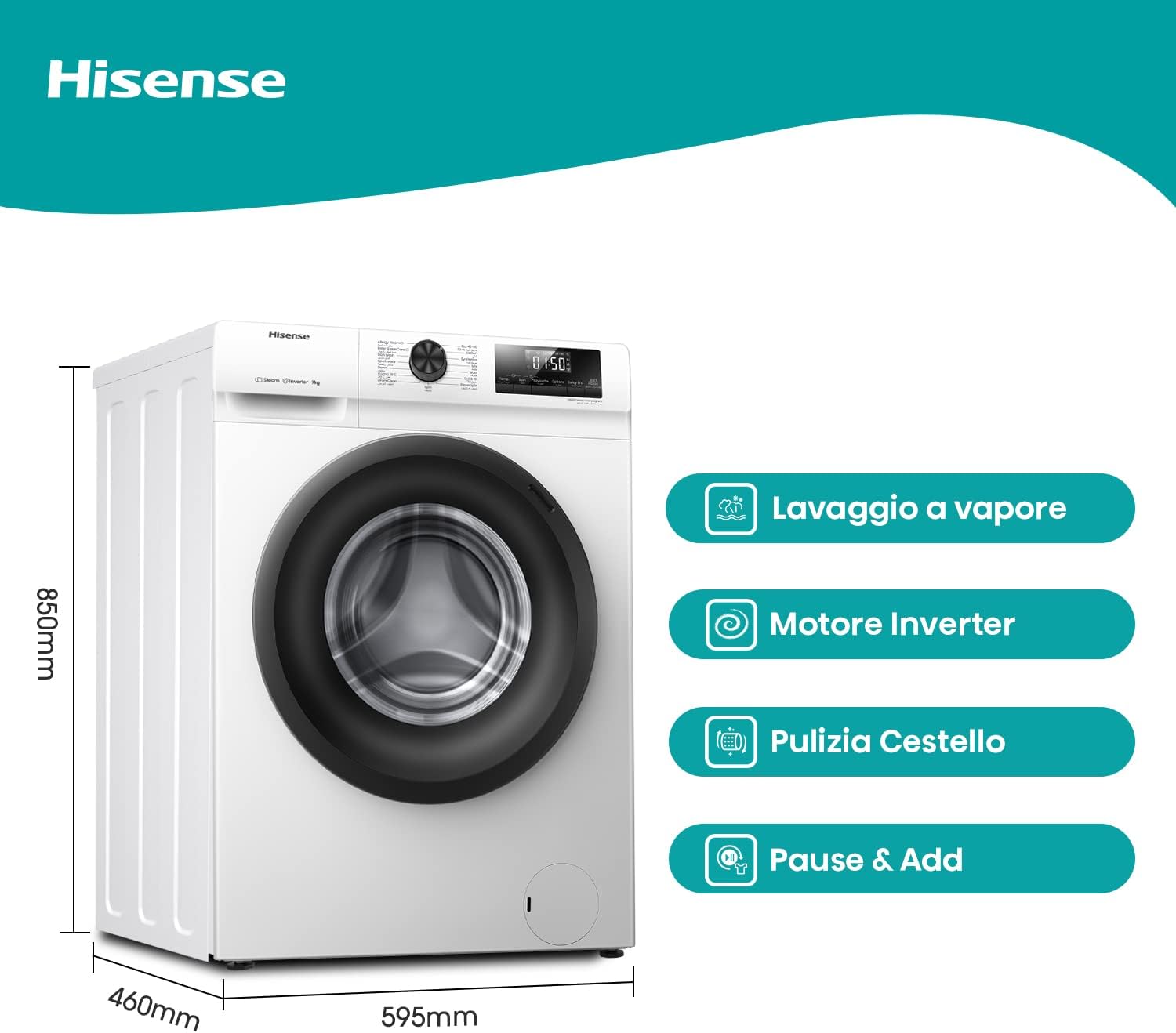 Hisense WFVB7012EM Front Load Washing Machine 7 kg 1200 rpm 15 Programs Steam LED Display Rapid Program Delay Start Child Lock