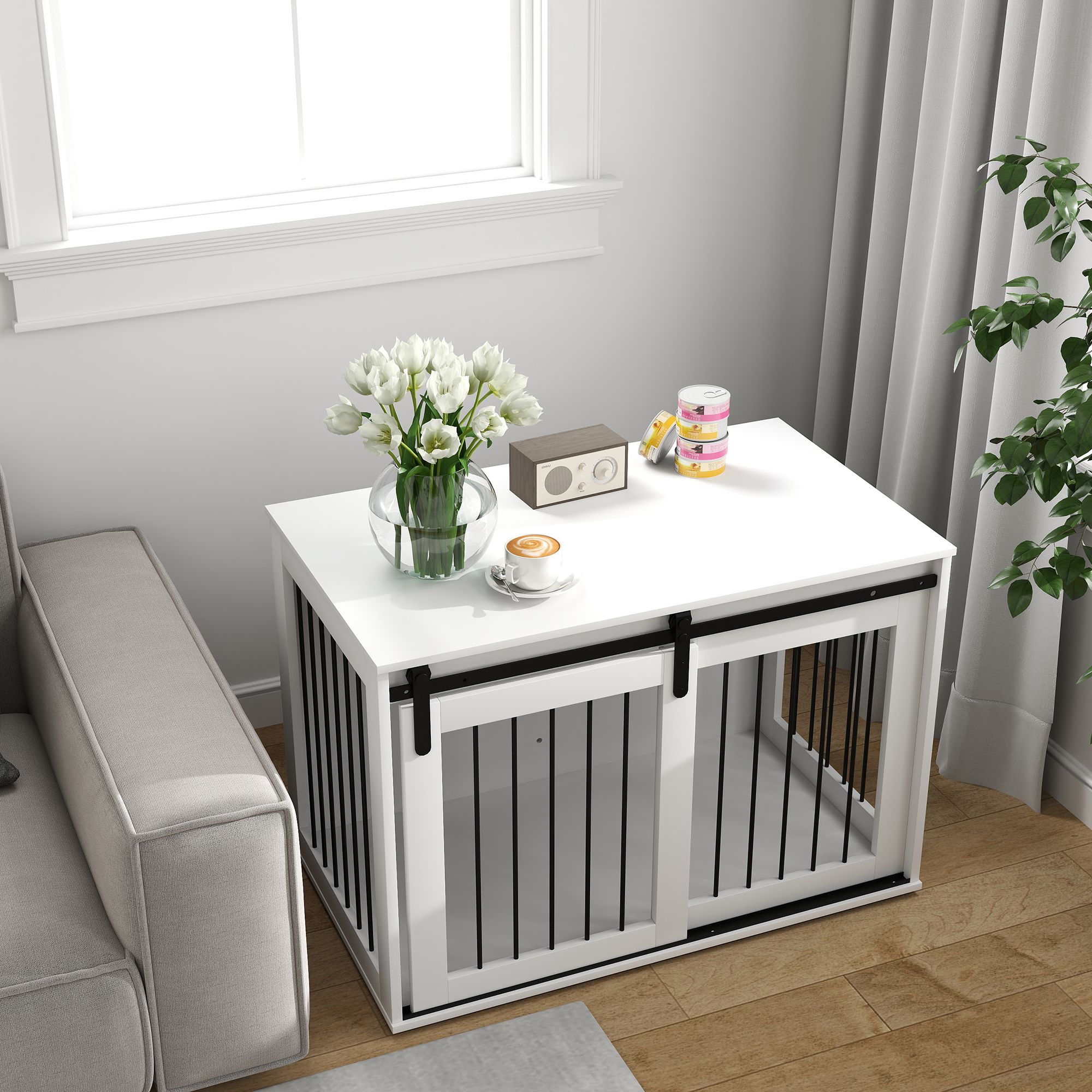 PawHut Hondenkooi met Schuifdeur, Ventilatie, Spaanplaat en Staal, 98 x 58 x 61 cm, Wit