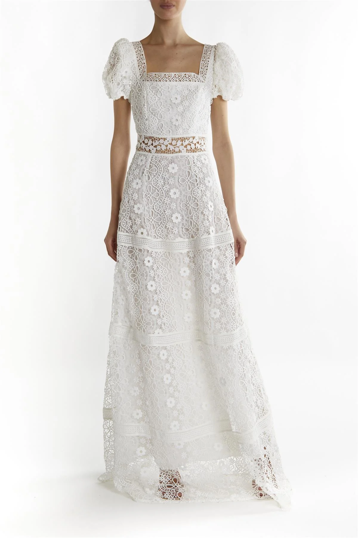 White Lace Square Neck Maxi-Dresses