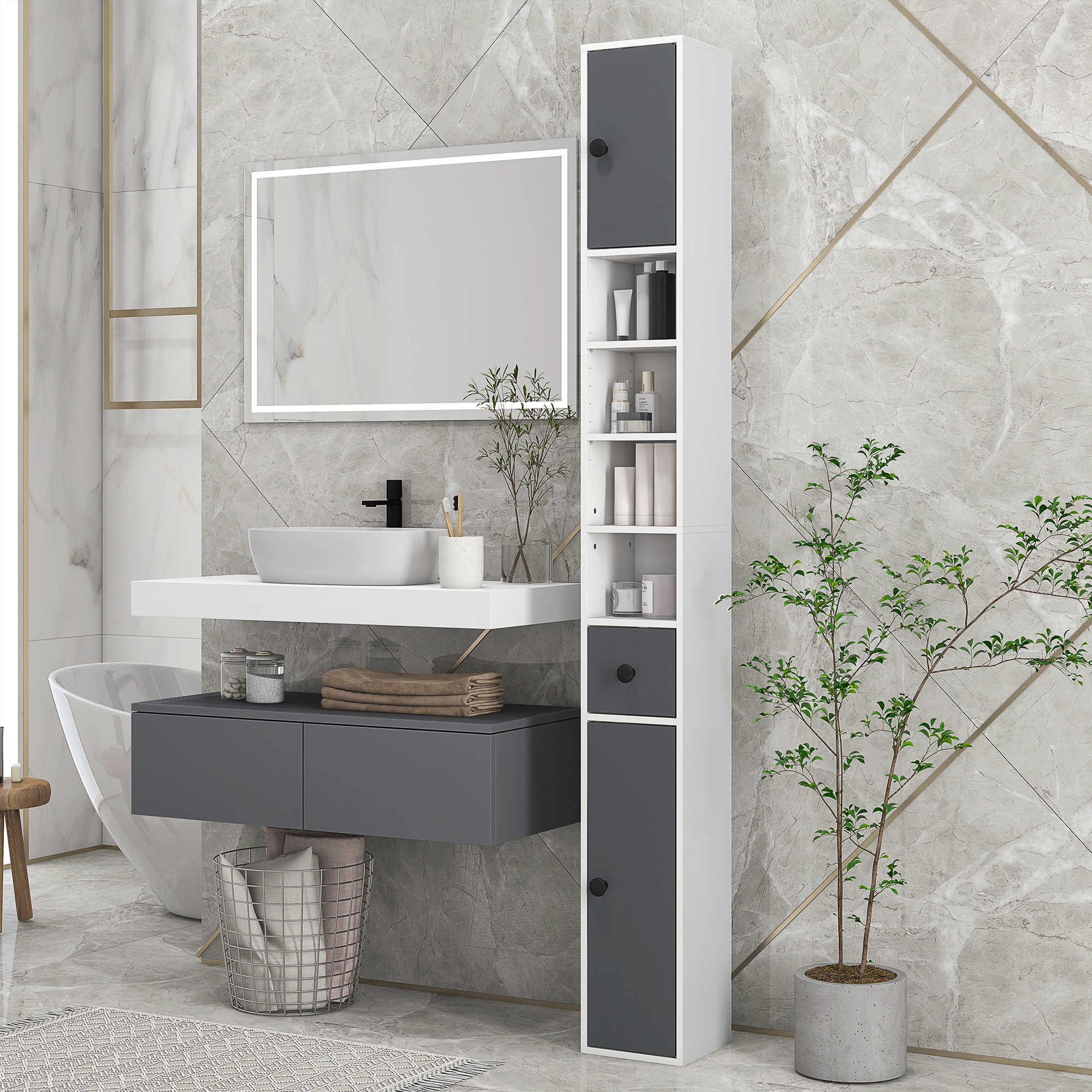 kleankin Hochschrank für Badezimmer, 1 Schublade, 4 verstellbare Regale und 2 Schränke 20 x 20 x 180 cm Grau