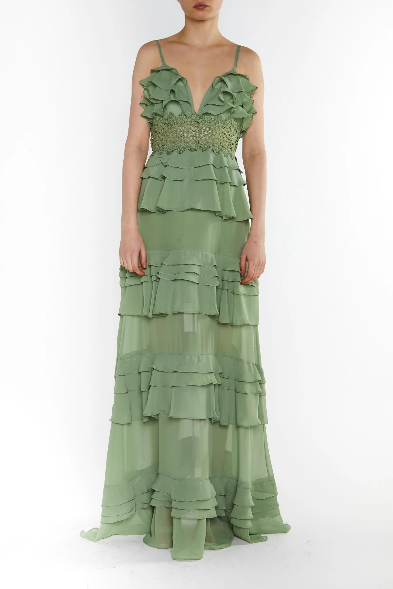 Sophia Sage Green Plunge Front Tiered Ruffle Maxi-Dress