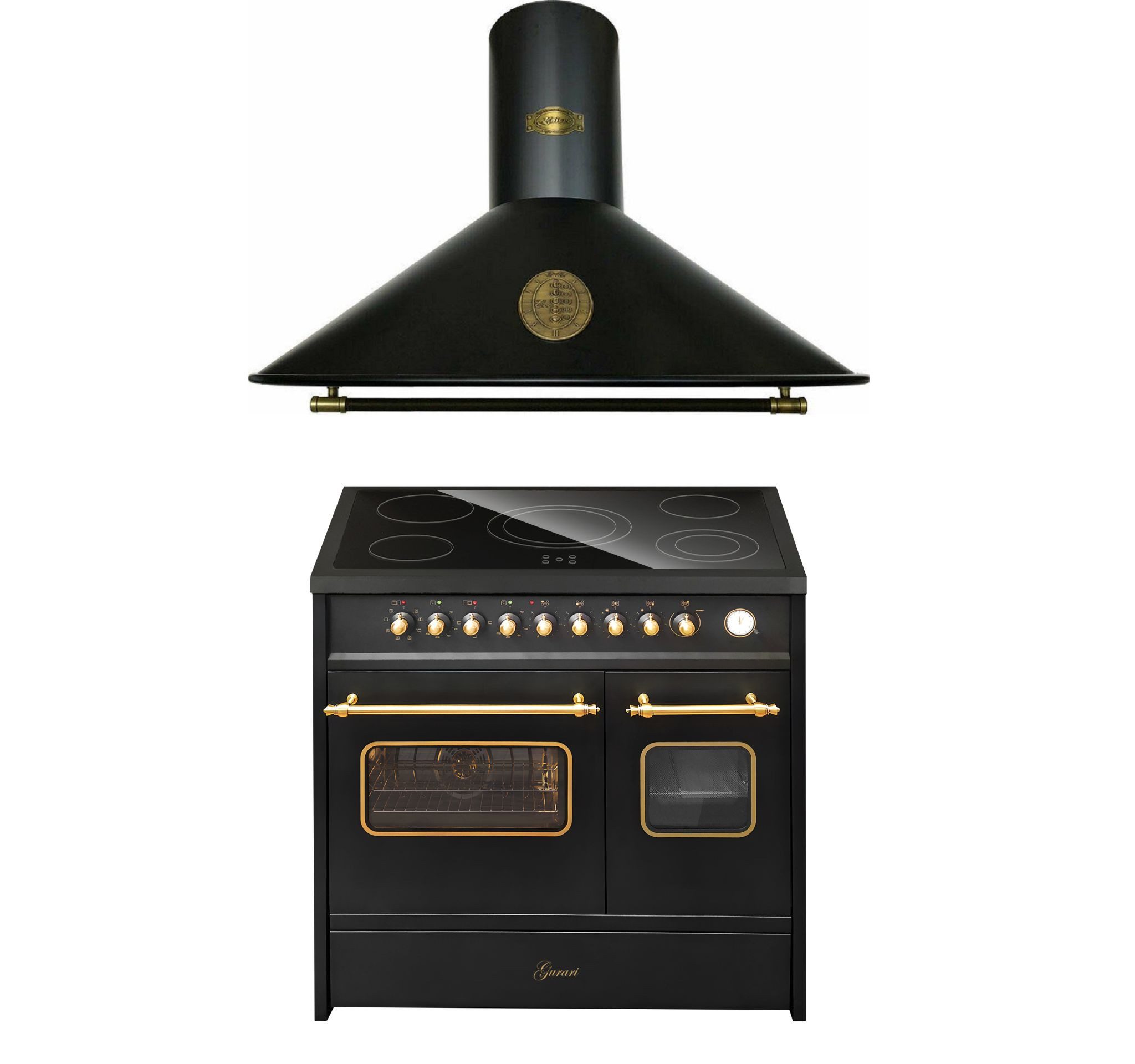 Elektro-Standherd Glaskeramik Herd 90 cm, Doppelbackofen, Schwarz, Nostalgie Herd+ Dunstabzugshaube Umluft/Abluft • 910 m³/h 90 cm GCH E 912 DF BL r+A 9423 ECO