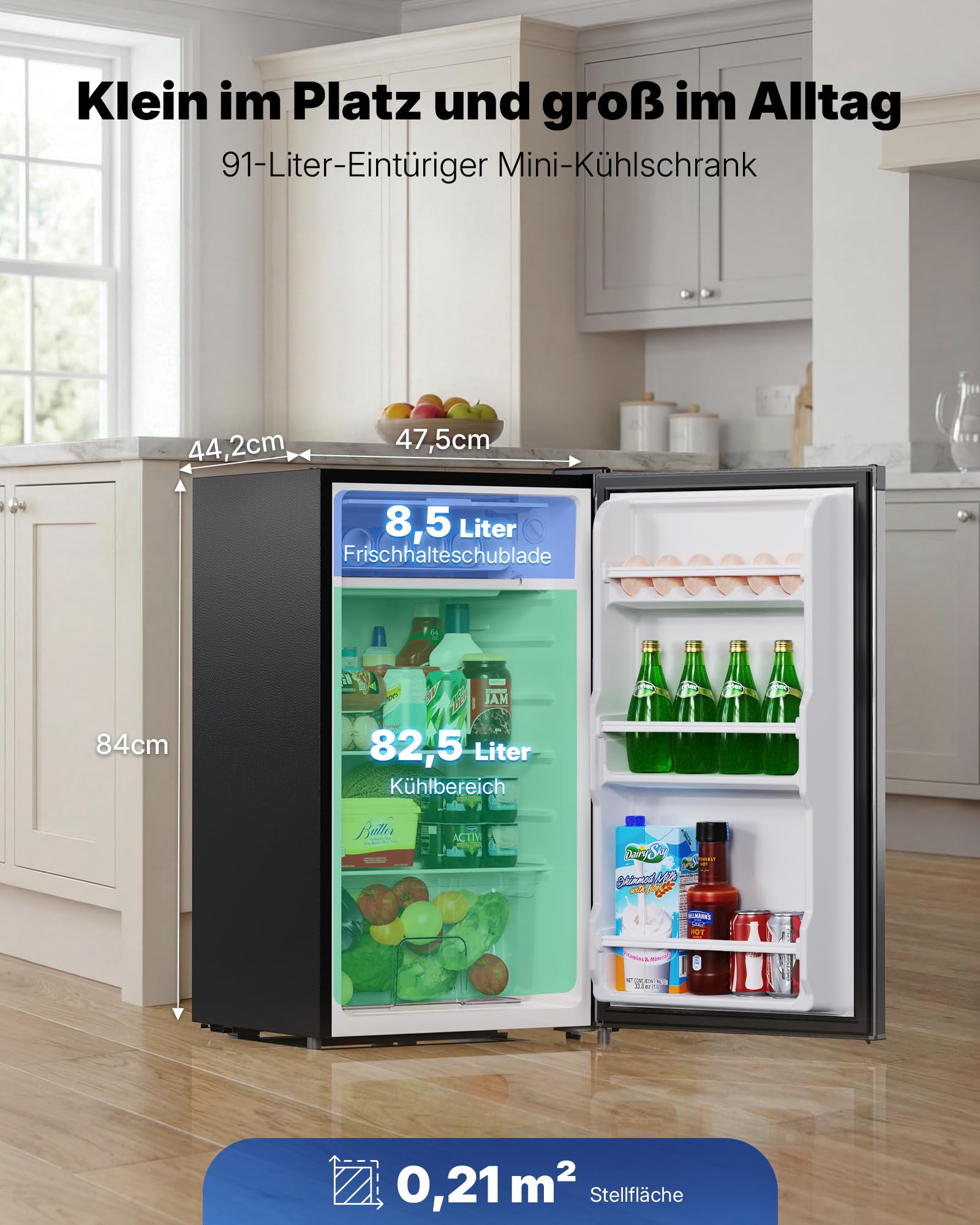 Upstreman Kühlschrank 91L Schnellkühlfach 5 Stufen 0 10℃ energieeffizient 41 dB für Büro Wohnheim BR321 Silber
