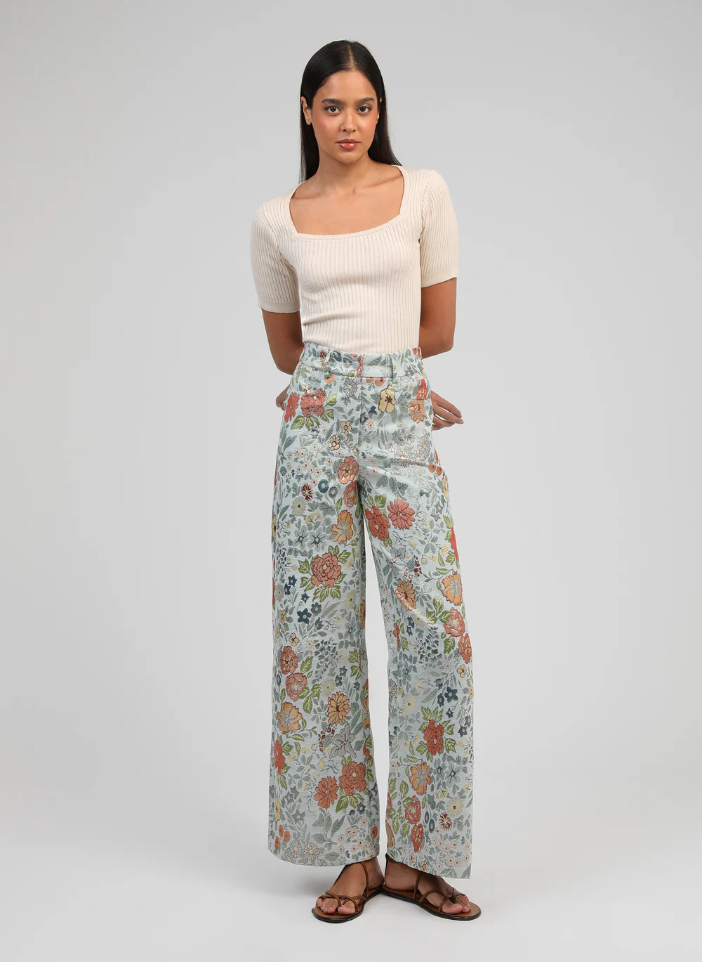 Sage Floral Design Trousers �� An'ge