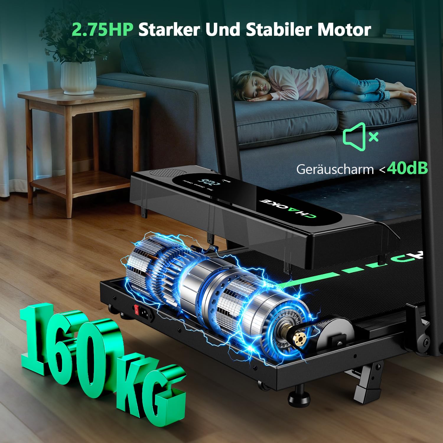 CHAOKE Laufband für Zuhause mit App, leises 5 in 1 Walking Pad klappbar bis 12 km/h, 2,75 HP, 9% Steigung, bis 160 kg