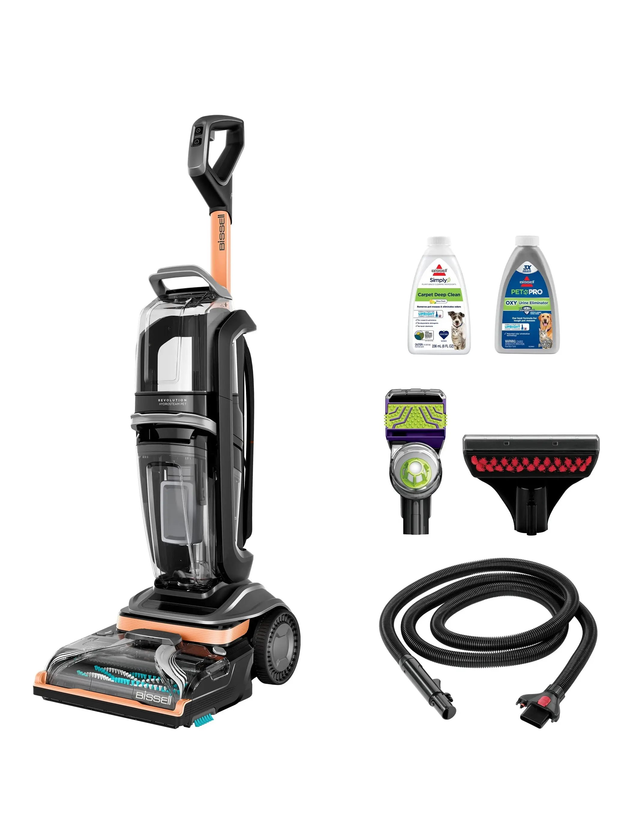 BISSELL Revolution HydroSteam Pet Carpet Cleaner, Upright Deep Cleaner, HydroSteam Technology, 2 in 1 Pet Upholstery Tool & Formulas Included, 3432