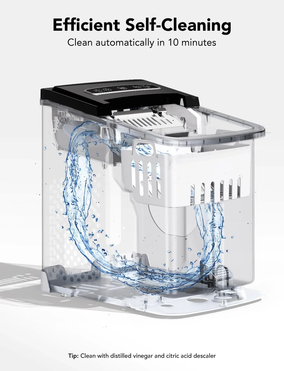 Desktop ice machine, an ice machine that can produce 26 pounds of ice per 24 hours, 6 minutes and 9 seconds, with an automatic cleaning function and controllable via an app, intelligent desktop ice machine, capable of providing two sizes of ice in th