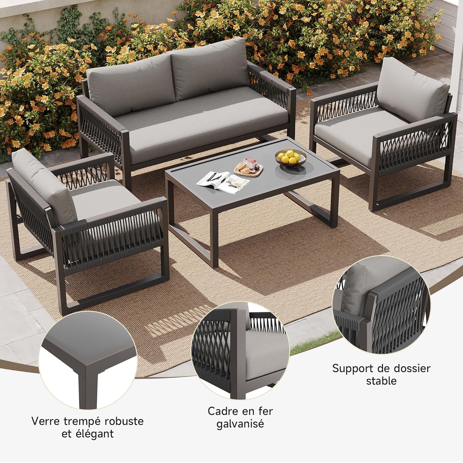 Merax Garten-Lounge-Set 4 Sitz – Seilgeflecht Sitzgruppe mit verzinktem Eisenrahmen, wetterfest, Loungesessel mit Sitz- & Rückenkissen, verstellbaren Füßen, Couchtisch mit Glasplatte, Grau