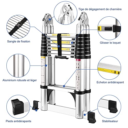 COOCHEER Scala pieghevole da 5 m, scala telescopica, in alluminio, scaletta estensibile, carico massimo 150 kg, leggera e resistente : Amazon.it: Fai da te