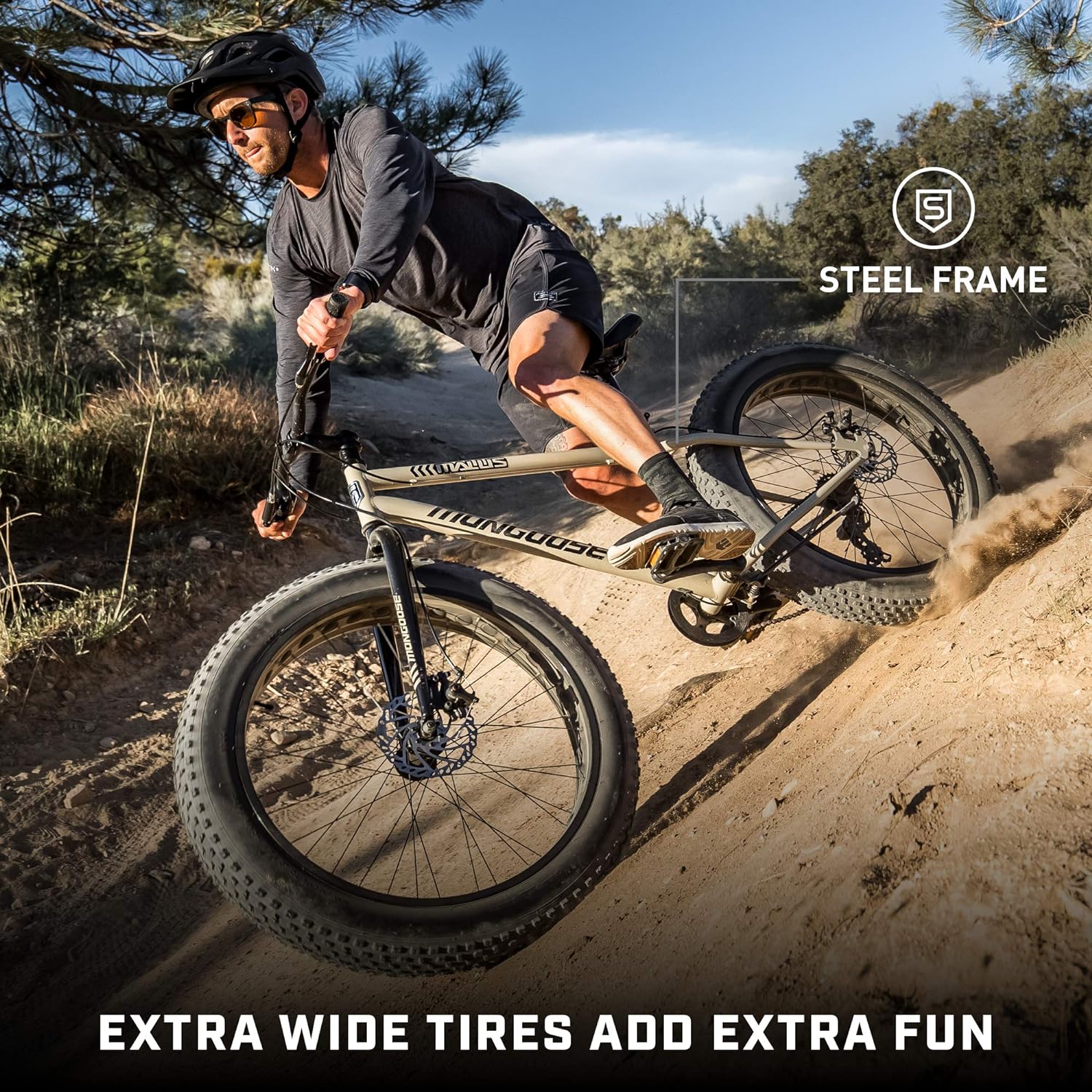 Mongoose Malus Mens and Women Fat Tire Mountain Bike, 26-Inch Bicycle Wheels, 4-Inch Wide Knobby Tires, Steel Frame, 7 Speed Drivetrain, Shimano Rear Derailleur, Disc Brakes