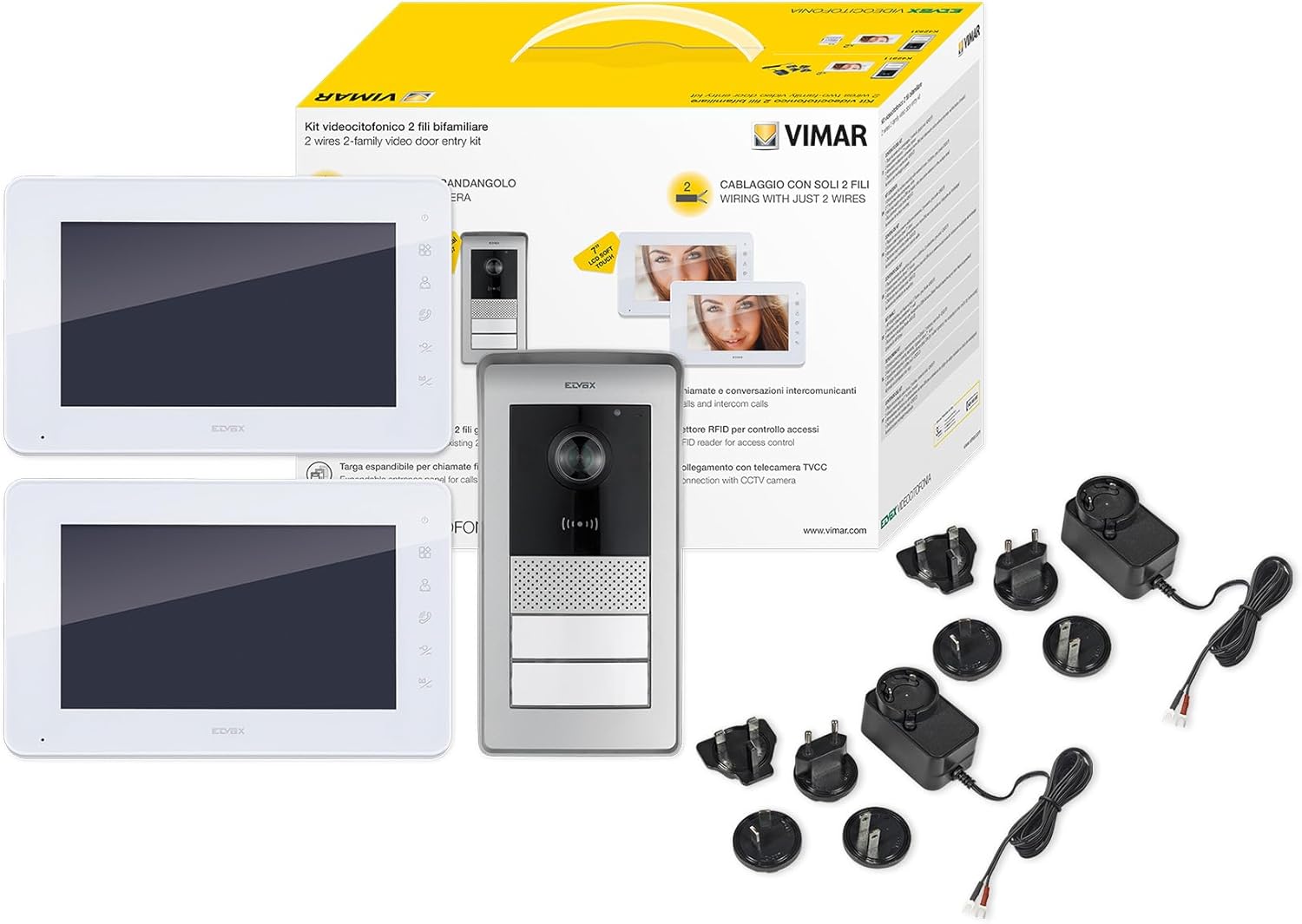 VIMAR K42911 Kit videocitofono multifamiliare con 2 videocitofoni, targa con lettore RFID con 2 pulsanti, distributore bus a 4 uscite, alimentatore multispina, staffe fissaggio, tradizionale