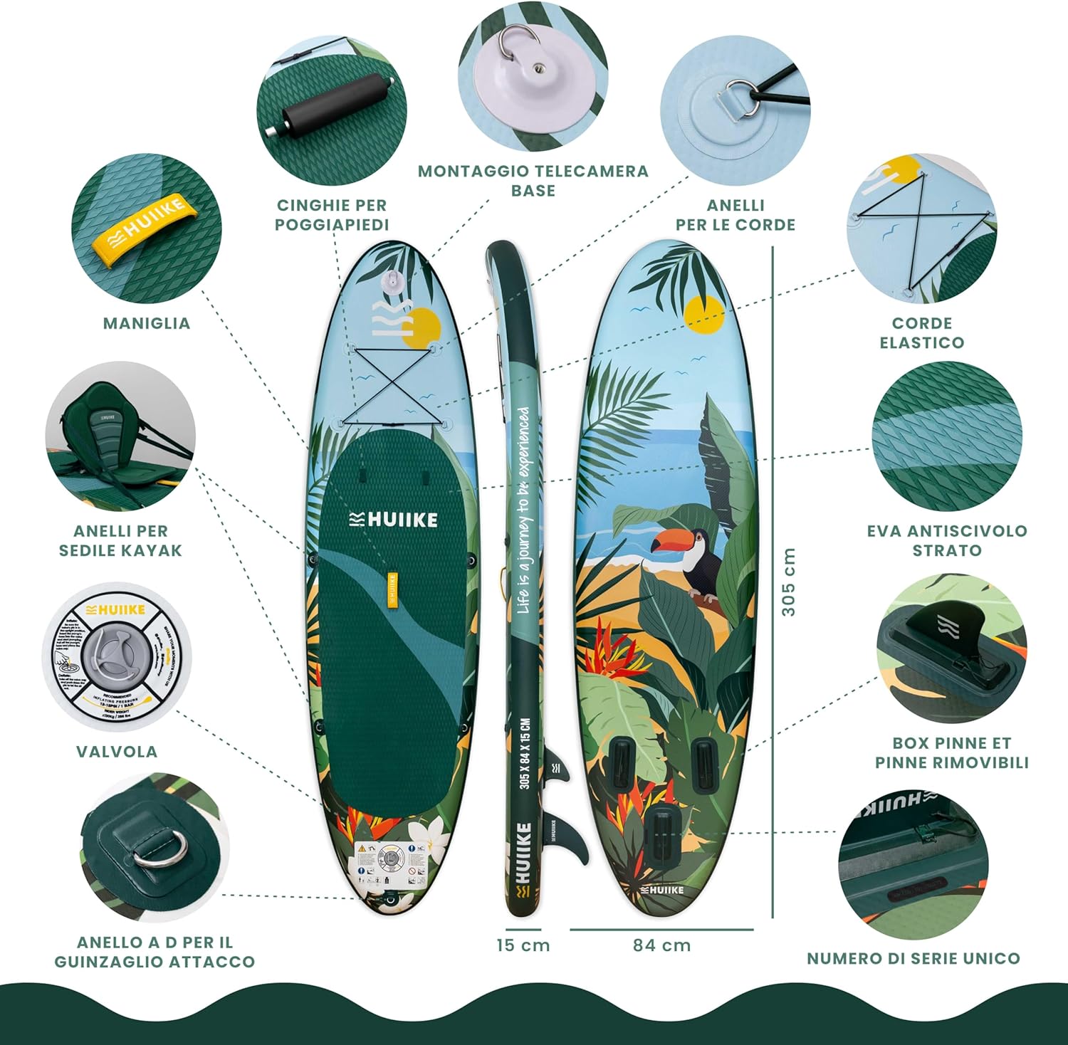 HUIIKE Tavola Sup Gonfiabile Adulti con Accessori Inclusi, Pagaia, Pinne, Pompa. Stand Up Paddle Board con Grande Stabilità e Resistenza. 305 x 84 x 15 cm, Carico Massimo 130 kg
