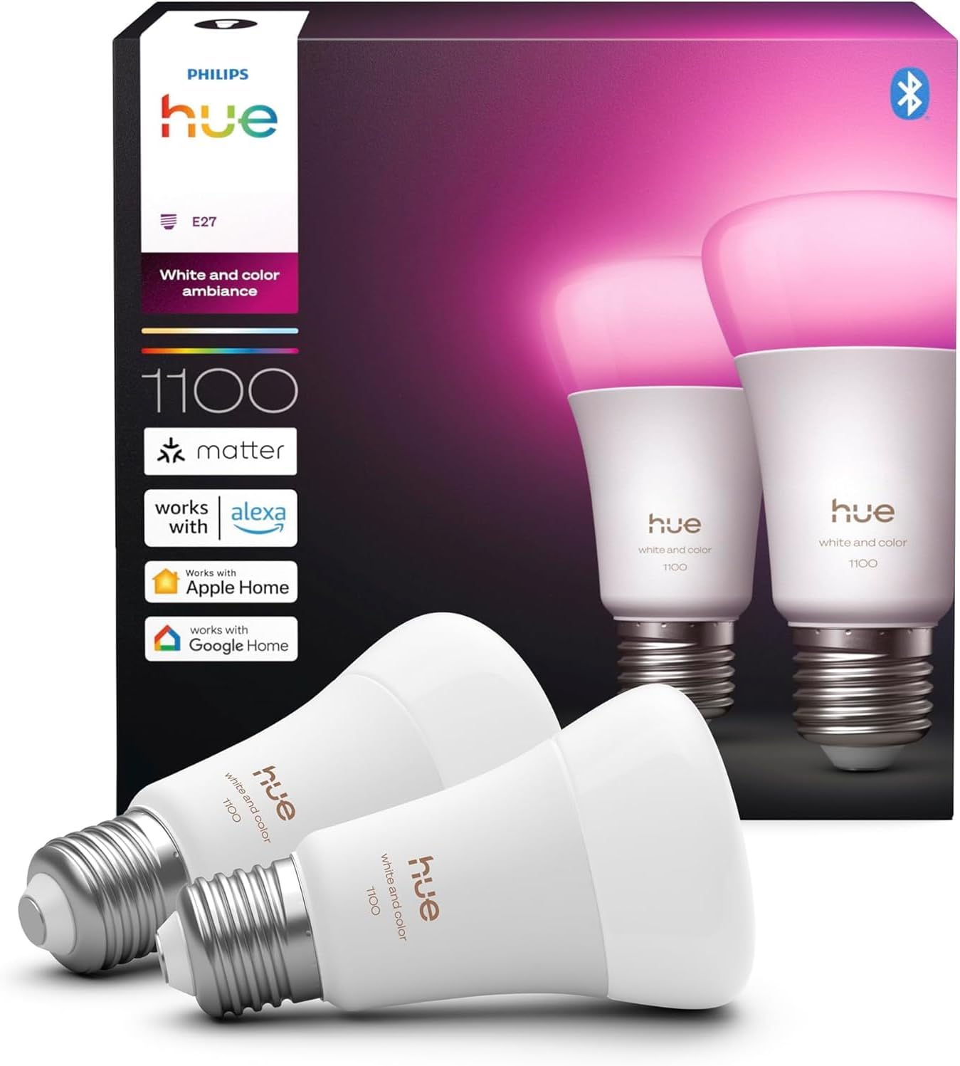 Hue Bundle – 4 x Doppelpackungen, Weiß & Farbe, Ambiance 1100 A60 E27 Smart-Leuchtmittel (8 Glühbirnen), dimmbare LED, 16 M Farben, App- und Sprachsteuerung, funktioniert mit Alexa, Google