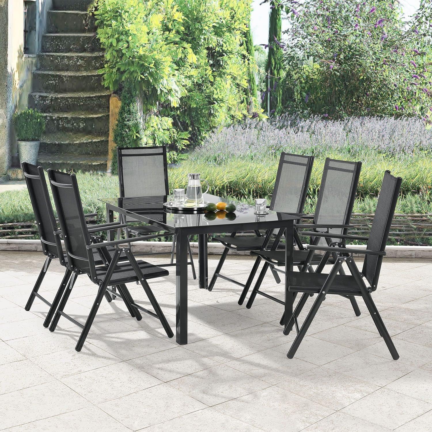 Juskys Gartengarnitur Milano 7-teilig, Gartenmöbel Set mit Tisch & 6 Hochlehner Stühlen, wetterfeste Sitzgarnitur aus Aluminium, Grau