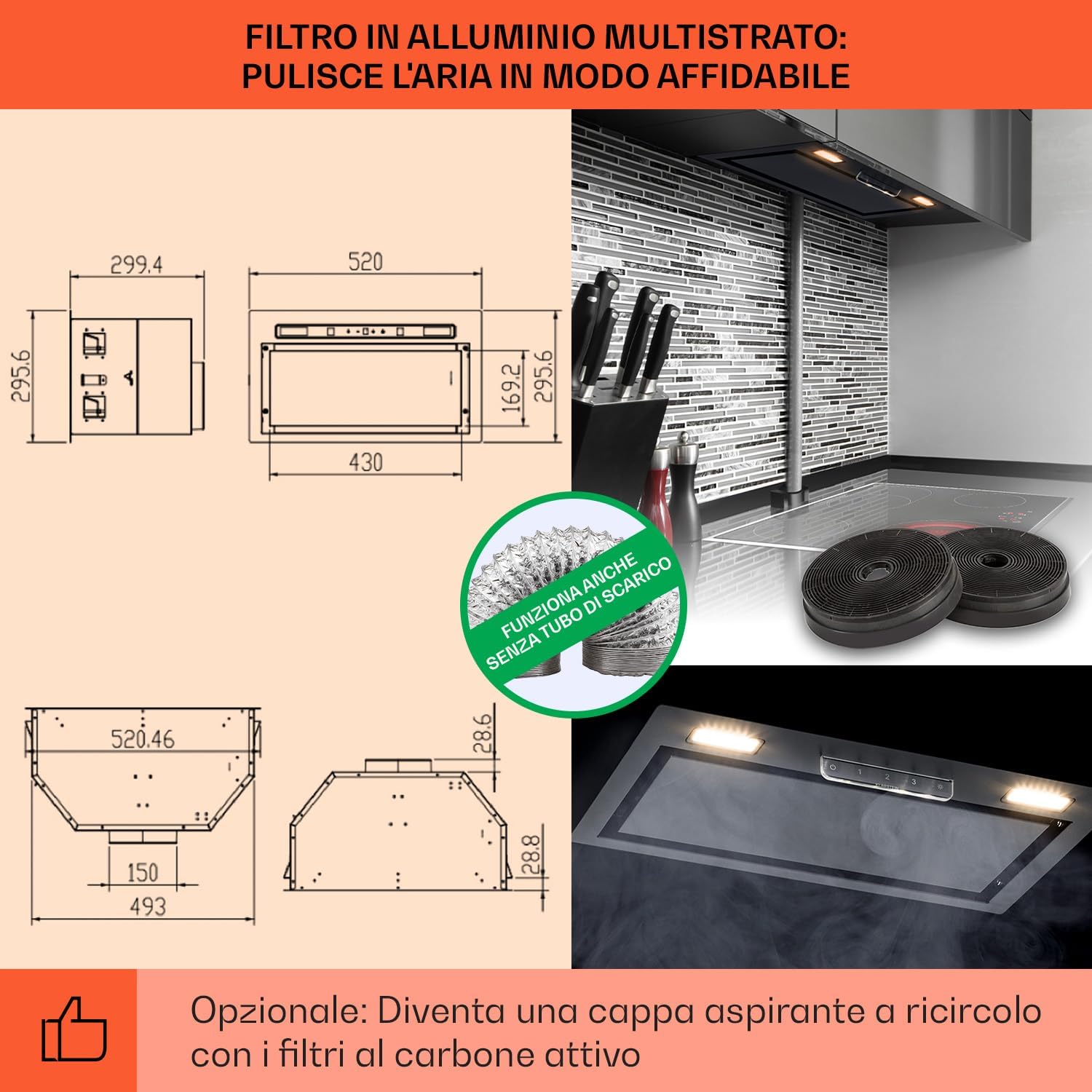 Klarstein Cappa Aspirante 52cm, Cappa Cucina con Filtro Cappa Cucina in Alluminio Lavabile in Lavastoviglie, Cappa Incasso con Flusso d'Aria 396 m³/h, Luci LED, Cappa Sottopensile con TouchControl