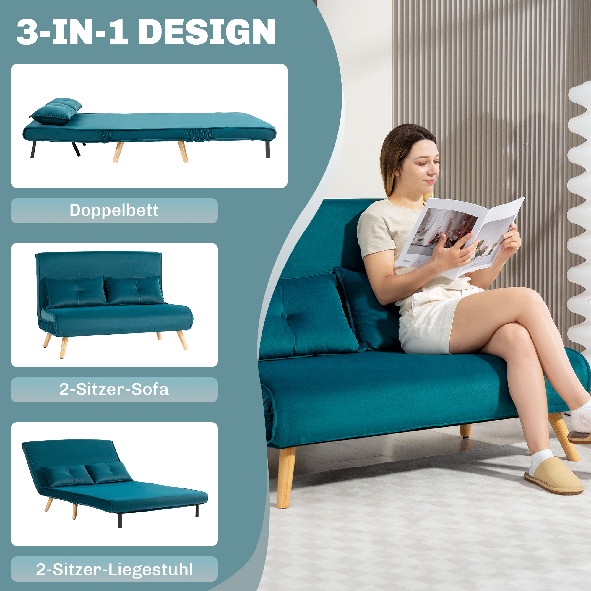 2-Zits Slaapbank, Bedbank, in Bed om te Toveren Couch, Verstelbare Rugleuning, Stofbekleding, Metalen Frame, Groen