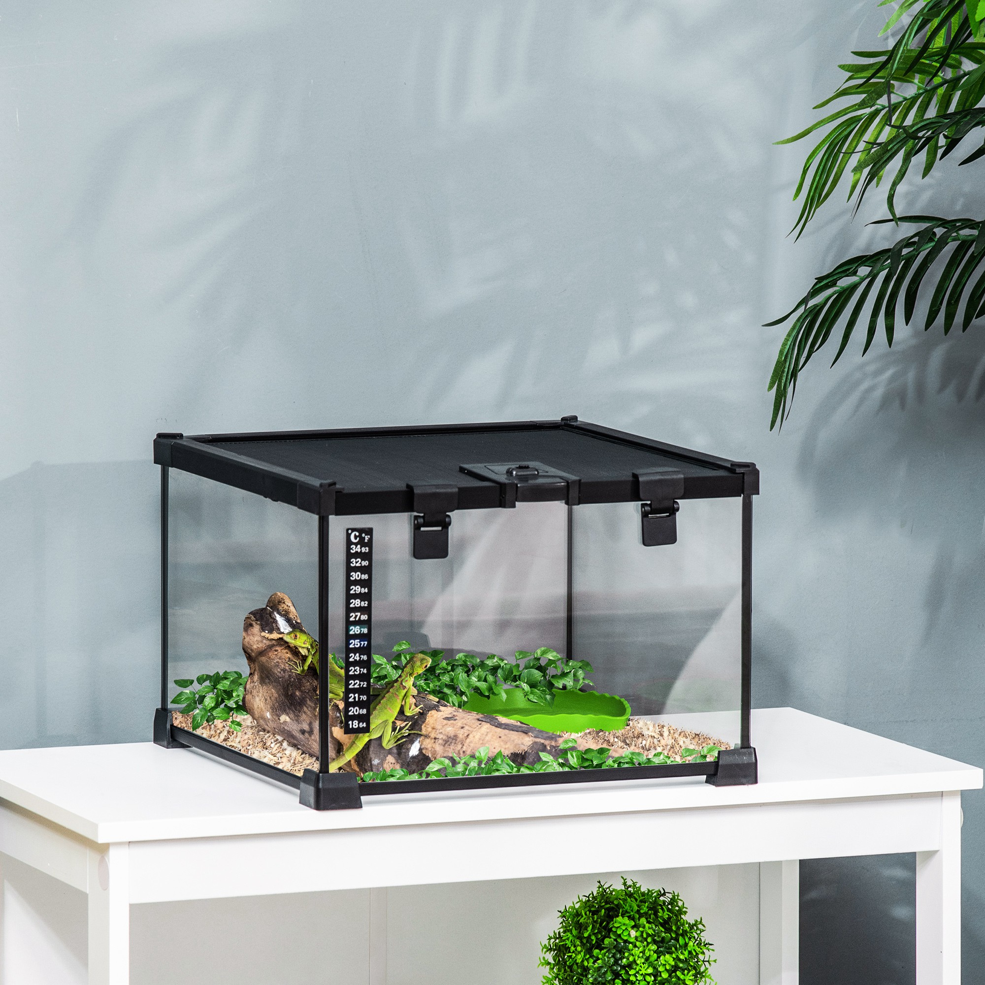 PawHut Terrarium für Reptilien mit Verriegelung und Thermometer, aus Glas und Drahtgitter, 30x30x20 cm, Schwarz