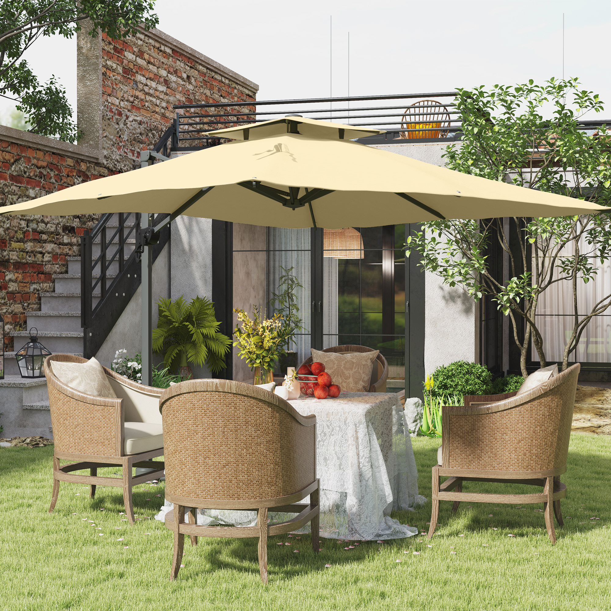 Outsunny Verschiebbarer 3 m quadratischer Schirm mit 360° Drehmechanismus und Hydraulikdach mit doppelter Kreuzbasis aus Aluminium in Beige