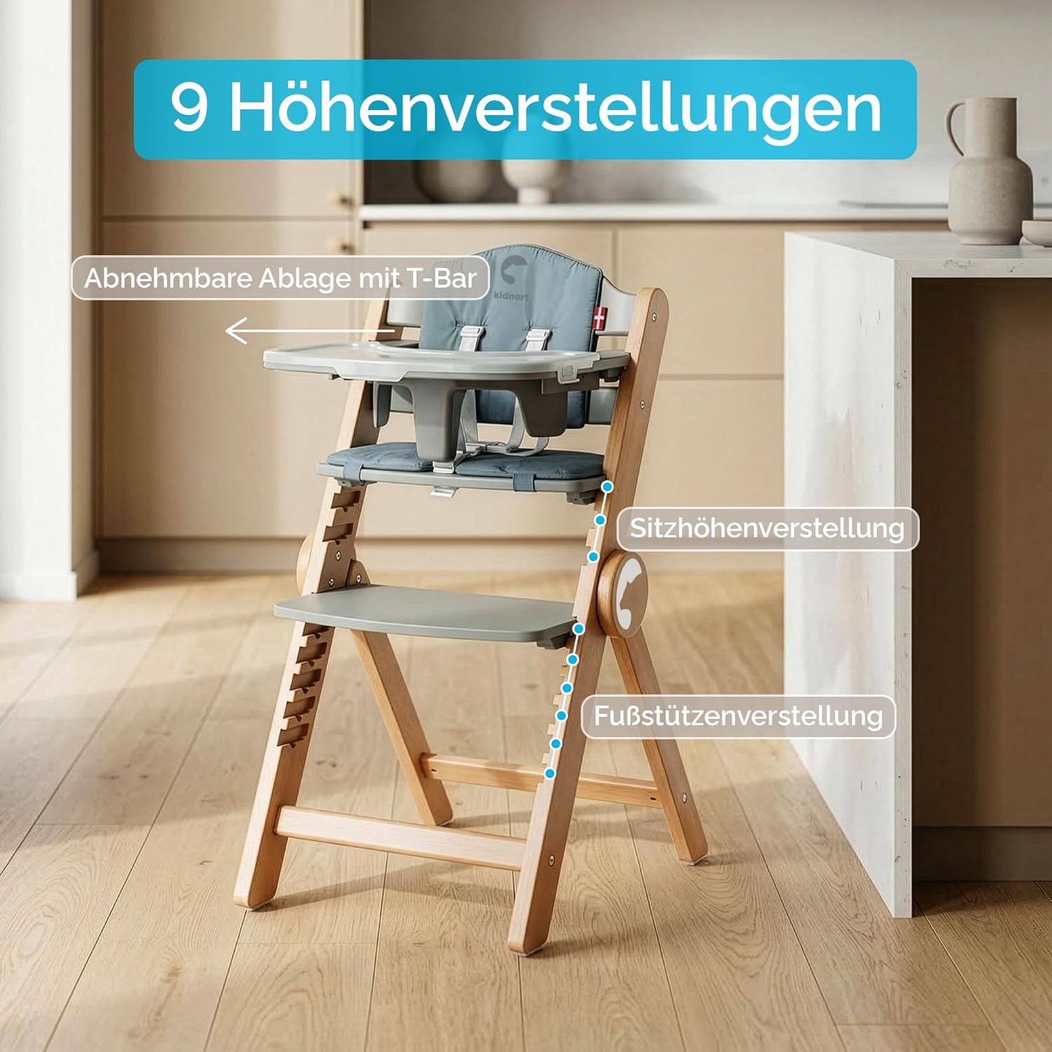 Holzhochstuhl Drömmer Unique bis 75kg Mitwachsender Faltbarer Hochstuhl aus Buche für Kinder mit Sitzkissen 5 Punkt Gurt zusätzliche Ablage Schrittgurt 9 Höhenverstellungen Schutzbügel Grau