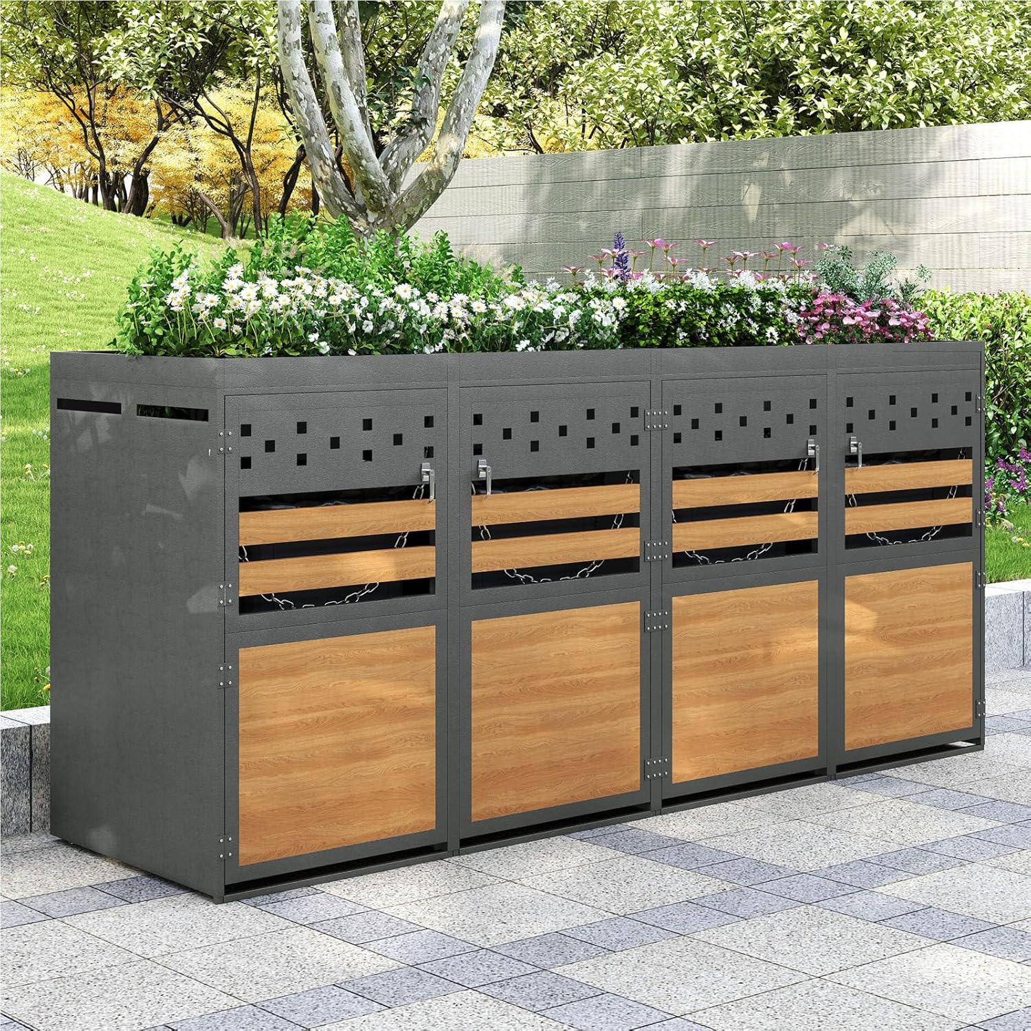 Mülltonnenbox 4er, Mülltonnenverkleidung mit Pflanzdach für Mülleimer 120-240 Liter, Abschließbar Türen, Rostfrei Verzinkter Stahl Garten Müllbox Aufbewahrungsbox, Anthrazit, 264 x 80 x 125cm