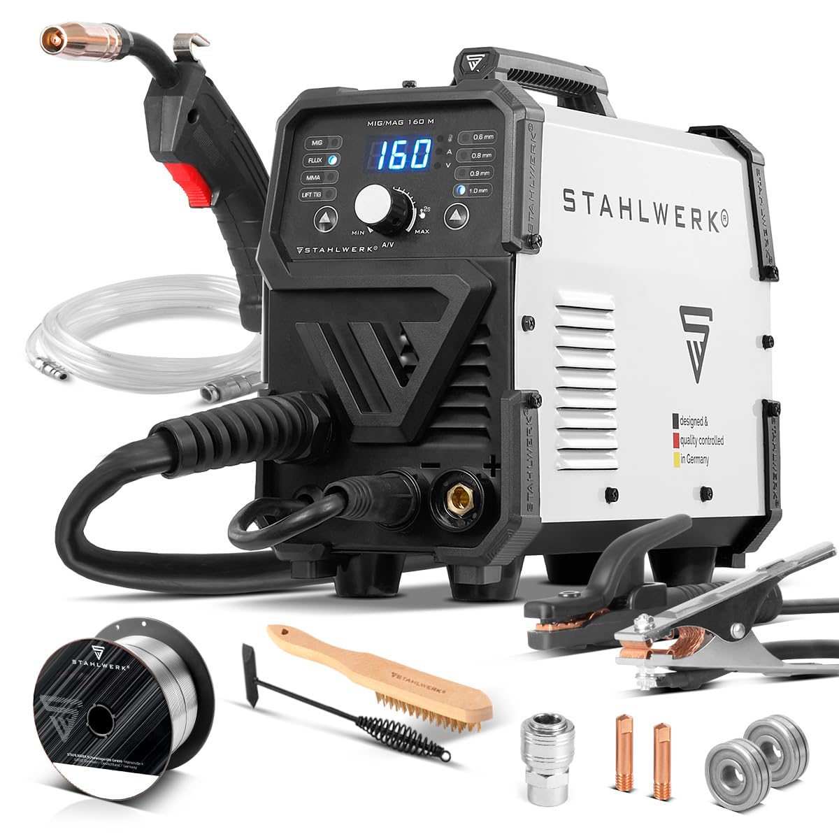 Schutzgasschweißgerät MIG/MAG 160 M 20–160 A 5-in-1 Inverter IGBT Flux MMA DC-Lift-TIG Digitalpanel