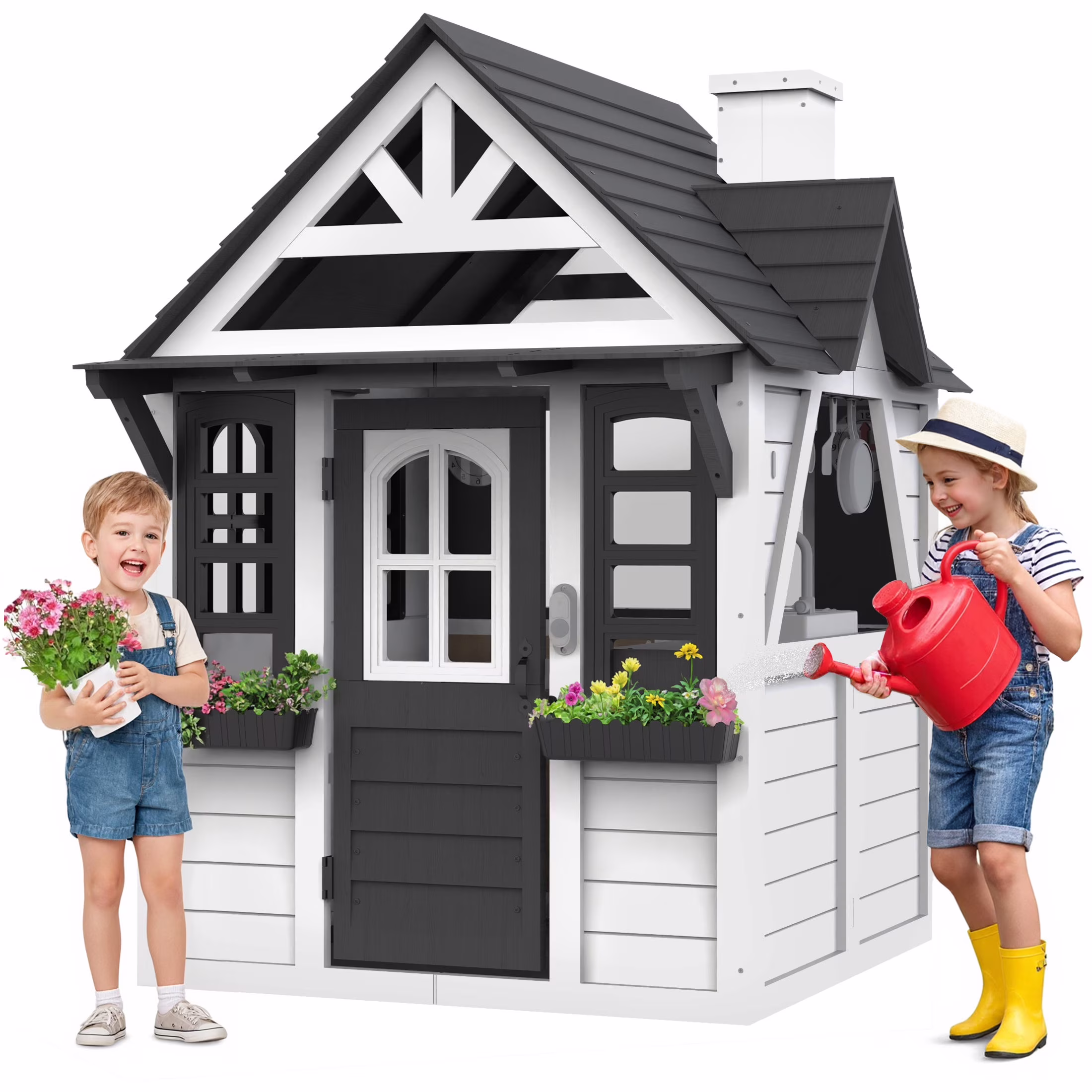 COCLUB Outdoor Playhouse for Kids Ages 4-8, Wooden Play House with Doorbell, Phone, Kitchen Toys, Outdoor Kids Play Equipment, Casa Para Niñas (45”L x 65”H), White & Black