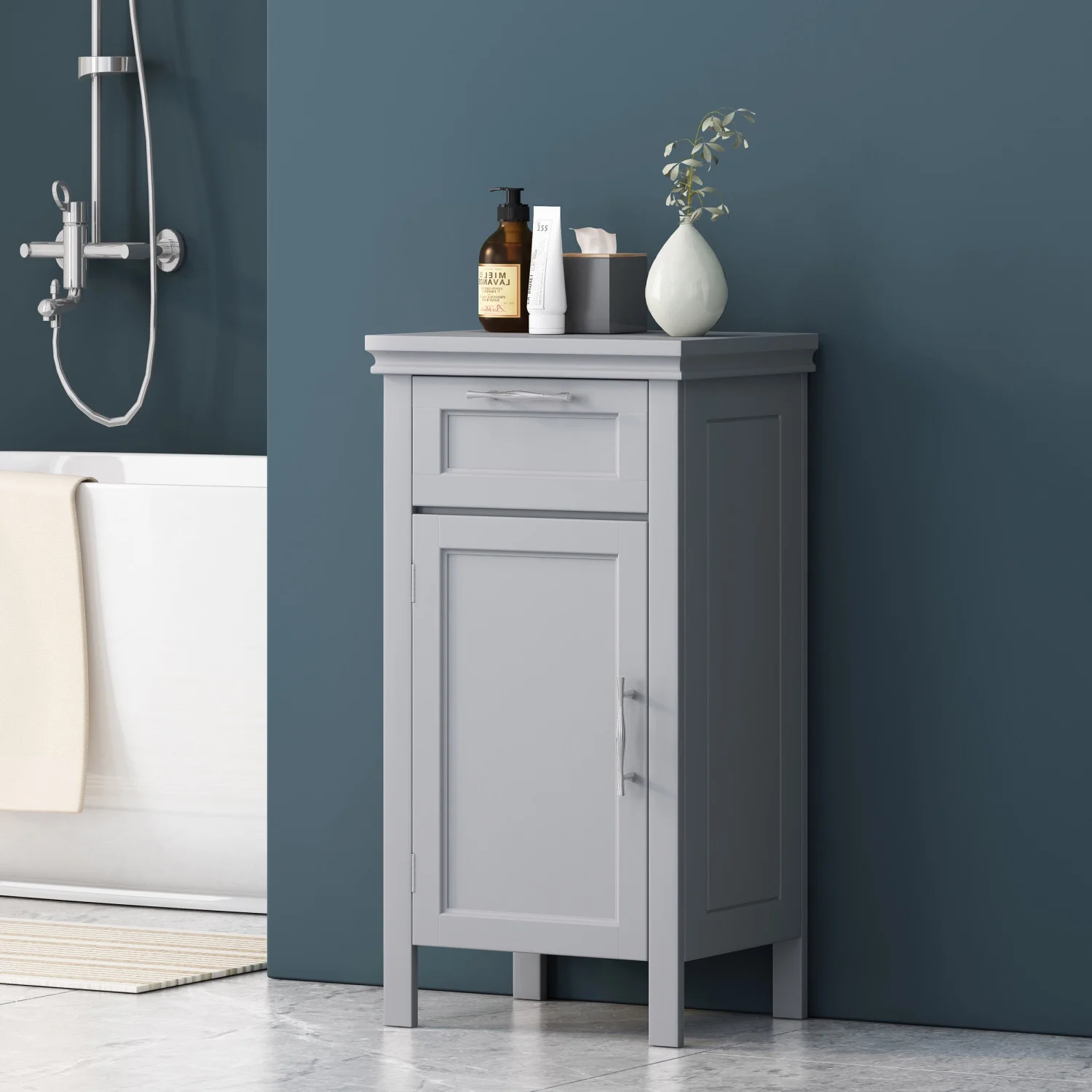 Modern White Wooden Bathroom Cabinet with Doors – Space-Saving Freestanding Storage for Home & Office