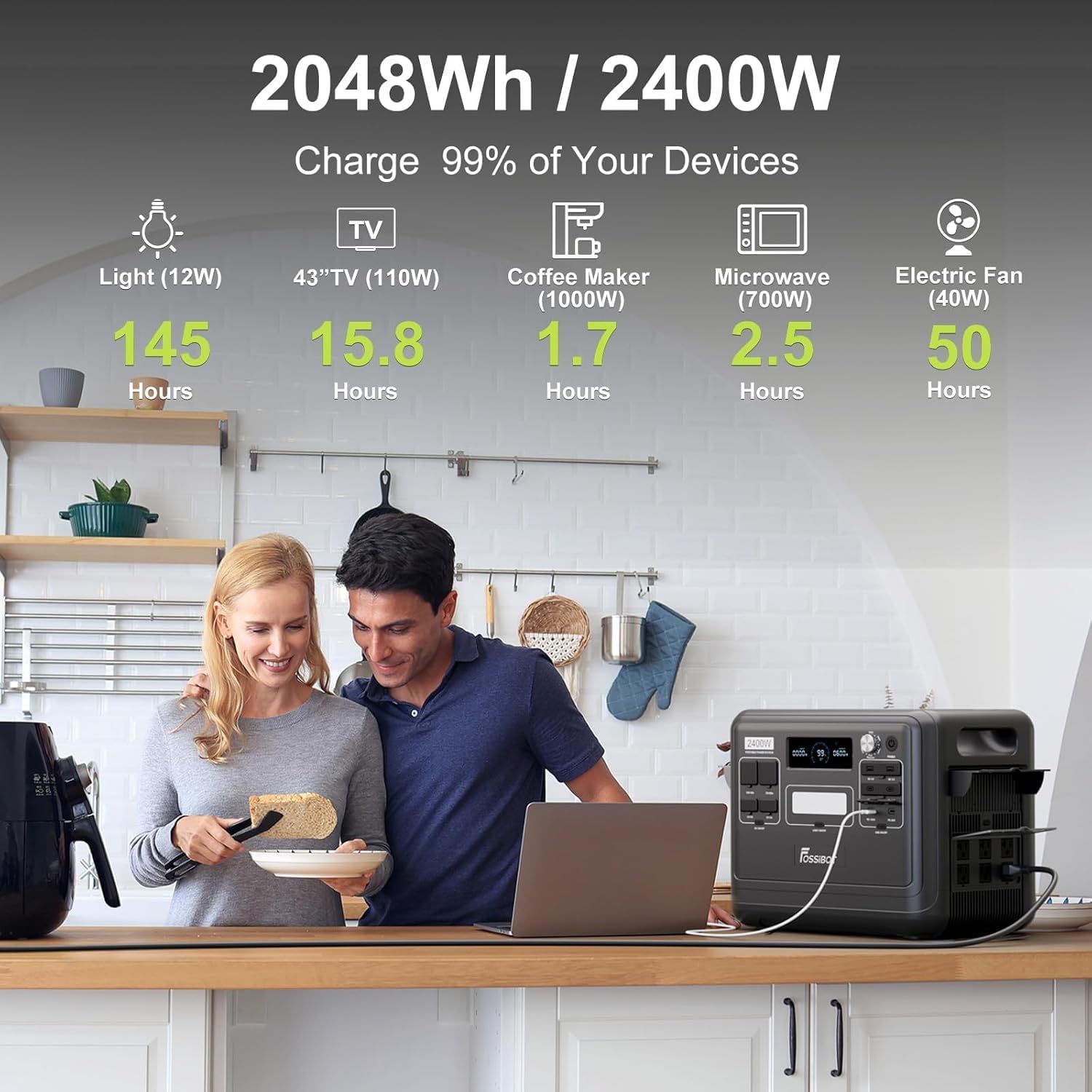 FOSSiBOT F2400 Generatore Elettrico Solare Portatile 2400W, 2048Wh LiFePO4 Batteria di Soccorso con 3 Uscite AC 2400W (4800W Pic), Gruppo Elettrogeno Solare per Campeggio Car