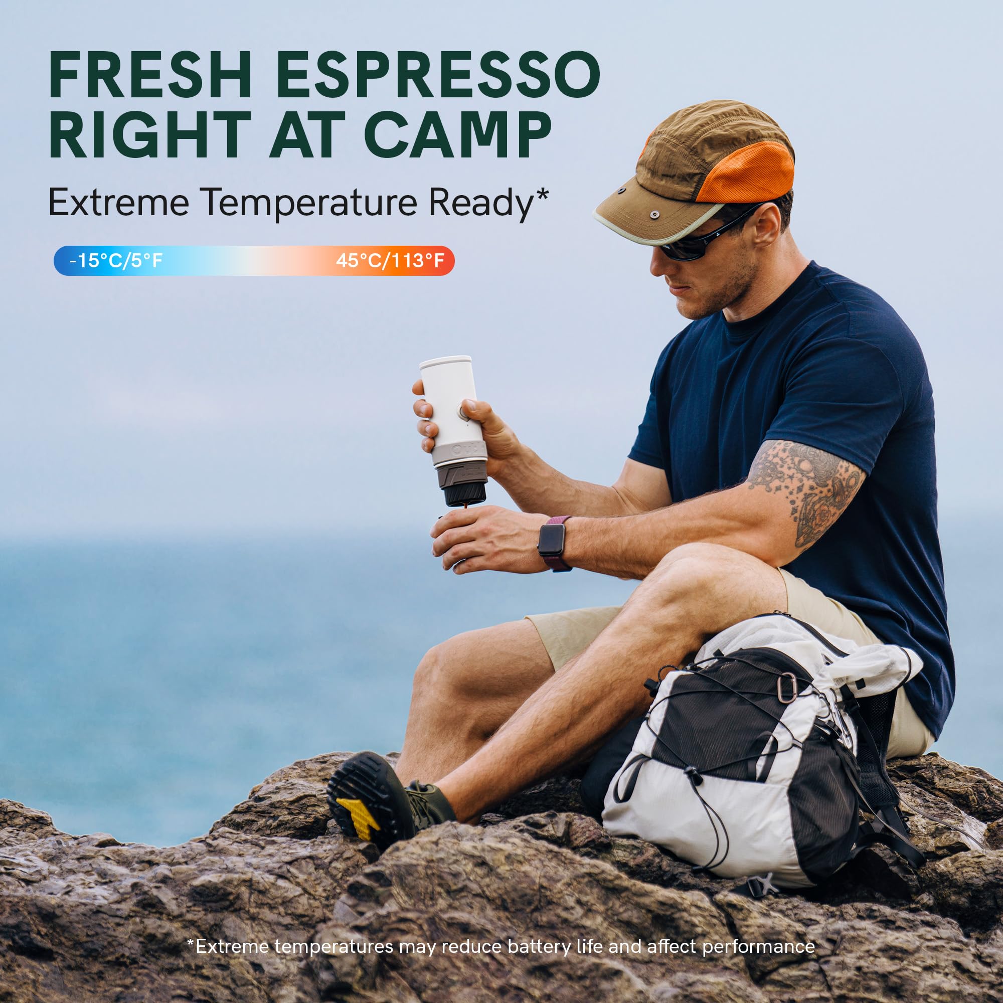Tragbare elektrische Espressomaschine Mino mit 70 ml, USB-C Schnellladung und IP67, Tundra Brown