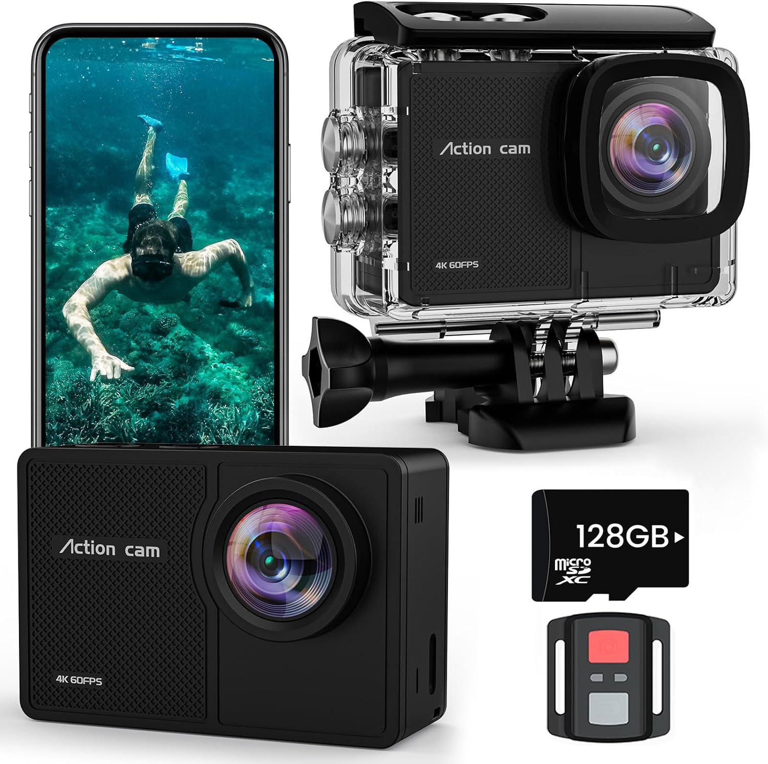 TIMNUT 4K 60FPS Action Cam, 40M Fotocamera Subacquea con scheda SD da 64 GB, 48MP HD WIFI Videocamera con Telecomando,EIS Telecamera Sott'acqua,2x1350mAh Batterie e Accessori di Montagg