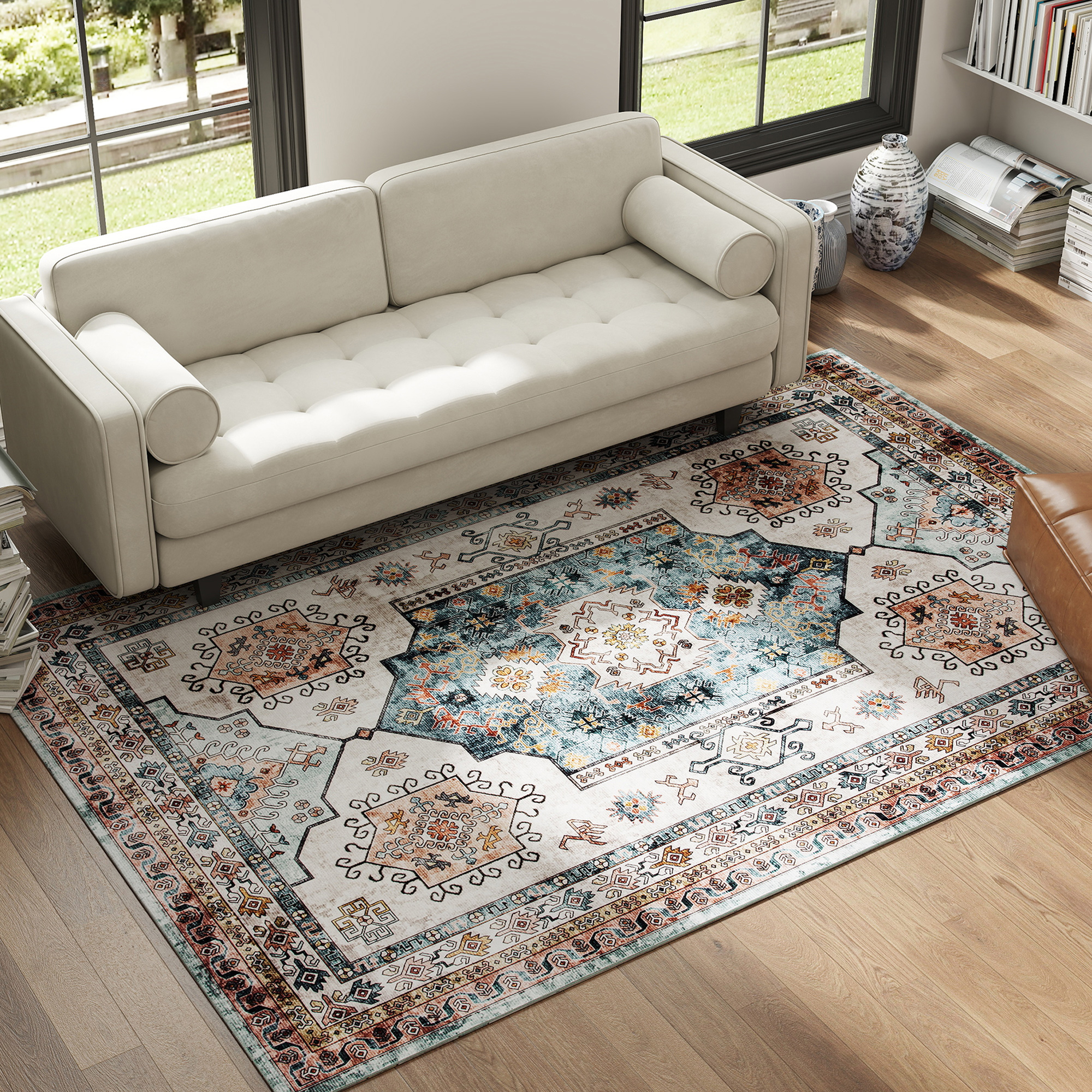 HOMCOM Vintage Teppich Rutschfest und Waschbar Kurzflor für Wohnzimmer und Schlafzimmer, 230x160 cm, Multicolor