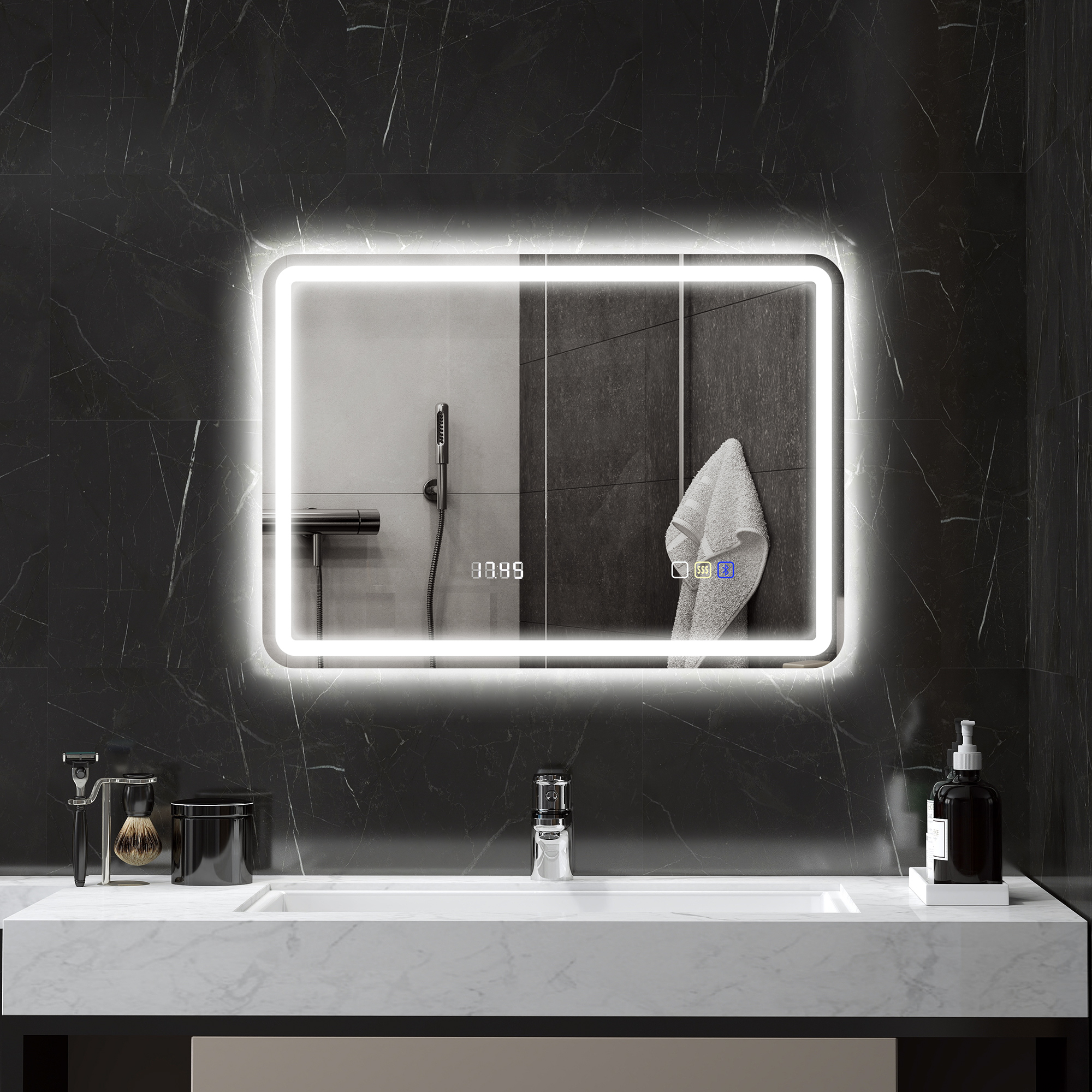 HOMCOM Badezimmerspiegel mit LED-Licht 70x50 cm mit Bluetooth 3 Lichtfarben Digitale Uhr Beschlageschutz Speicherfunktion
