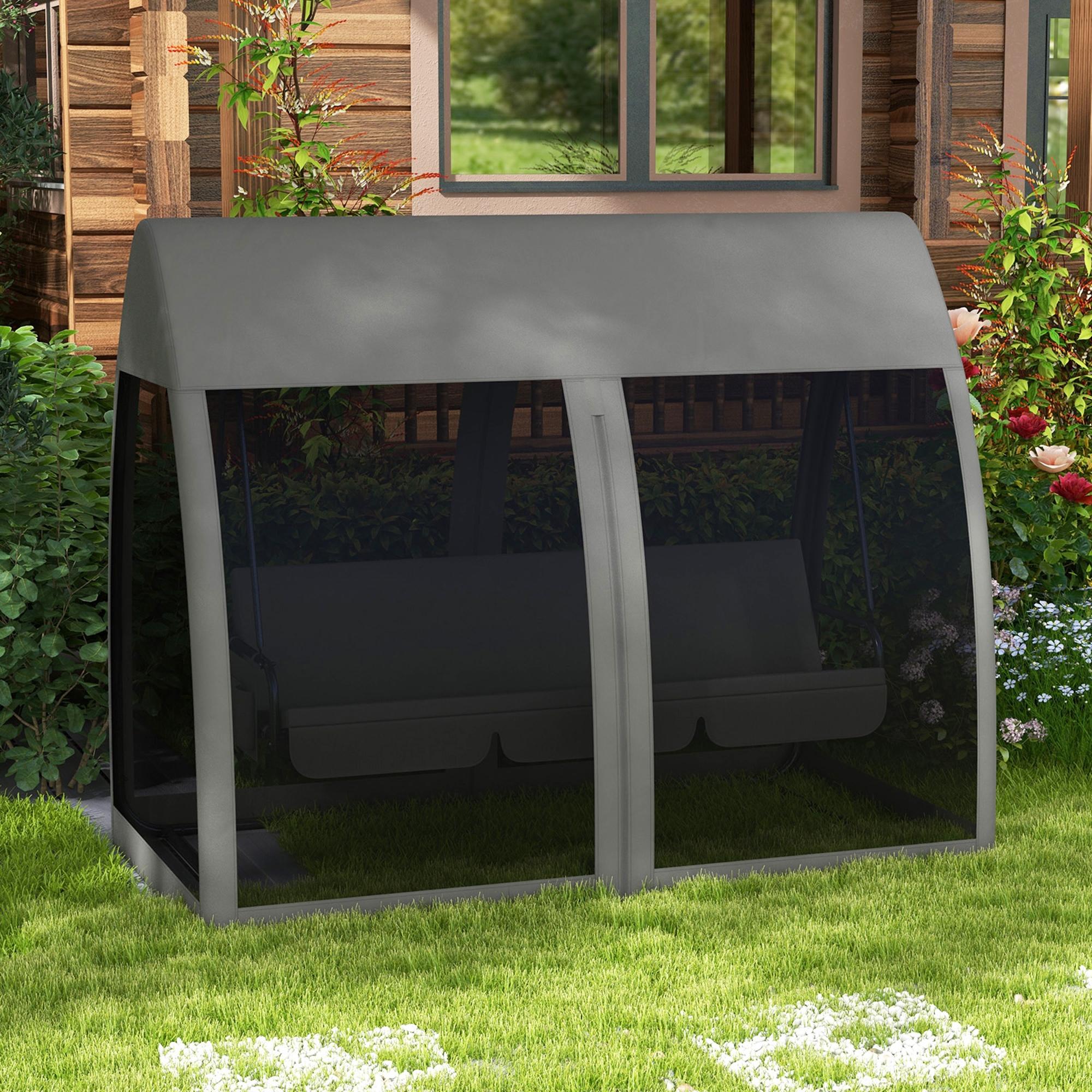 Outsunny 3-Sitzer-Terrassen-Schaukel, Veranda-Schaukel mit Bettfunktion, Hollywoodschaukel mit Mückennetz und Stahlrahmen, Grau