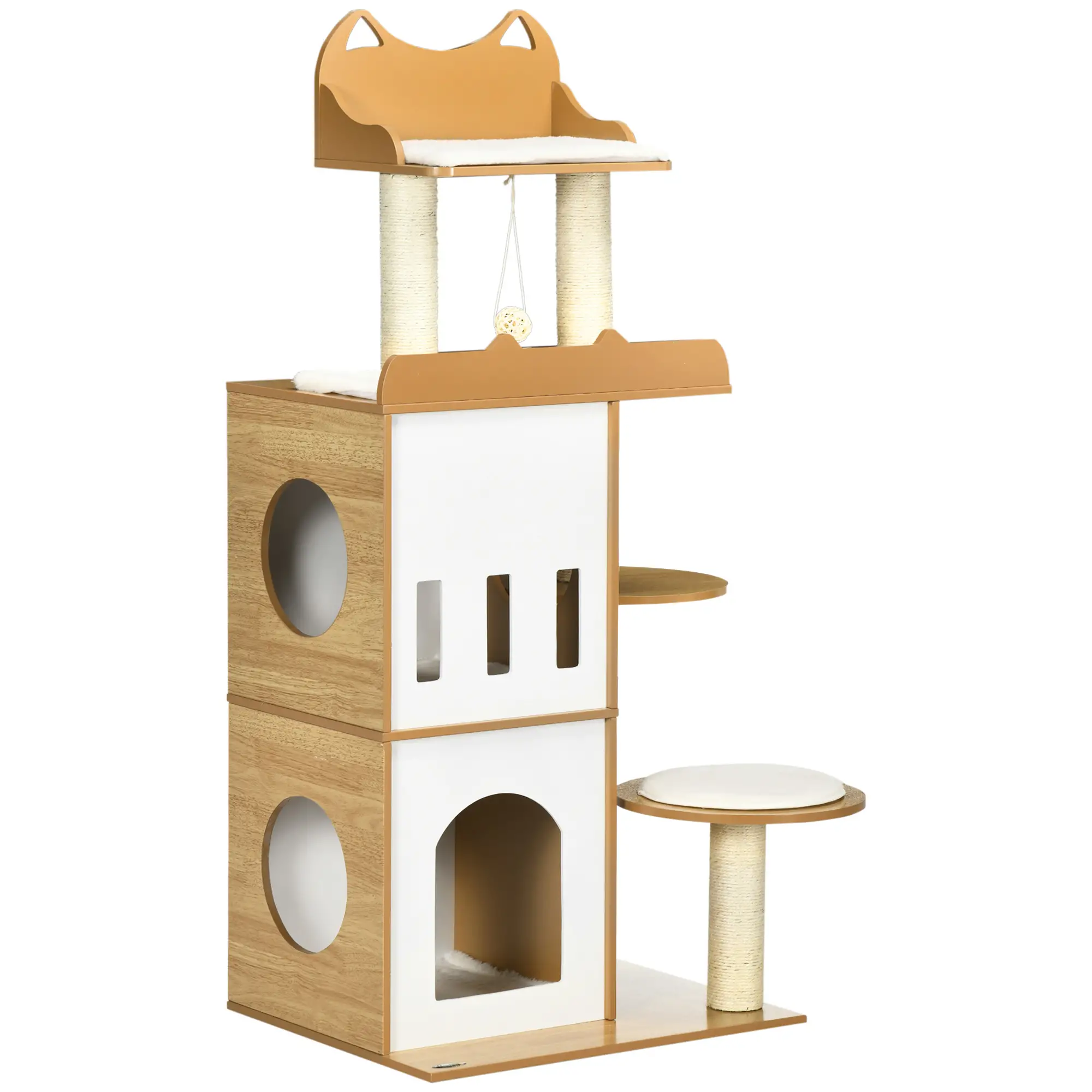PawHut Krabpaal Kattenmeubel met Sisal Krabpalen en Speelbal Eiken Wit
