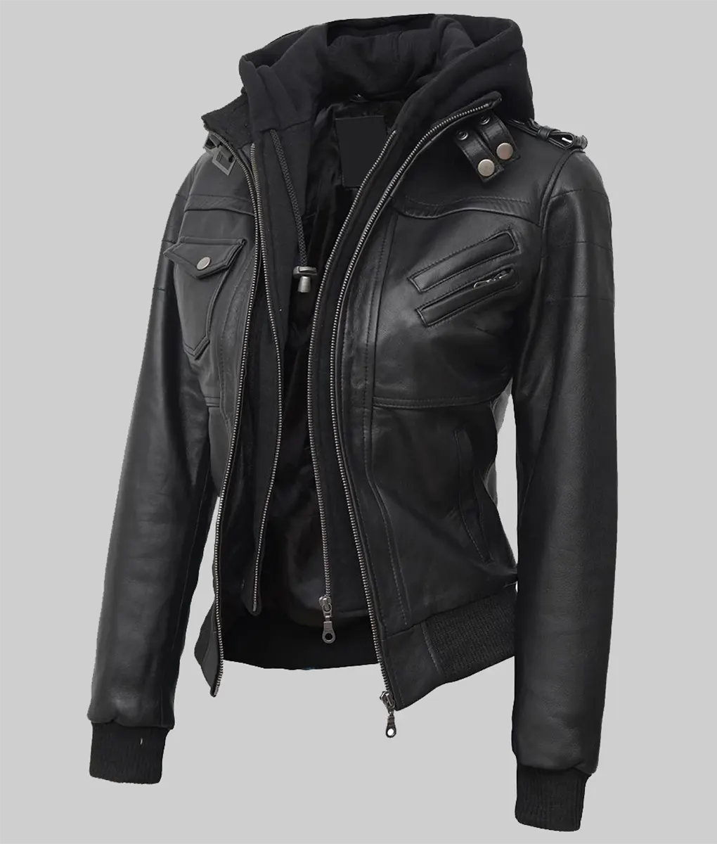 Janis Black Hooded Bomber Leather Jacket