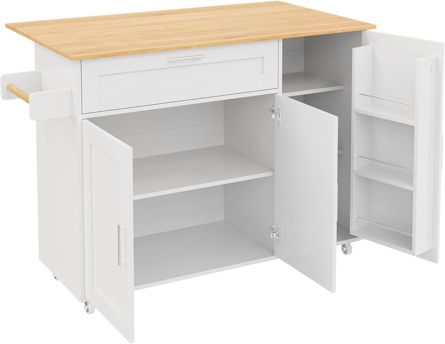 Mobiler Küchentisch, Arbeitsplatte Klappbar, Eiche Maserung, Multifunktionaler Schrank, Gewürzregal, Handtuchhalter, 5 Rollen, Weiß Geeignet für Küche/Essen/Haus