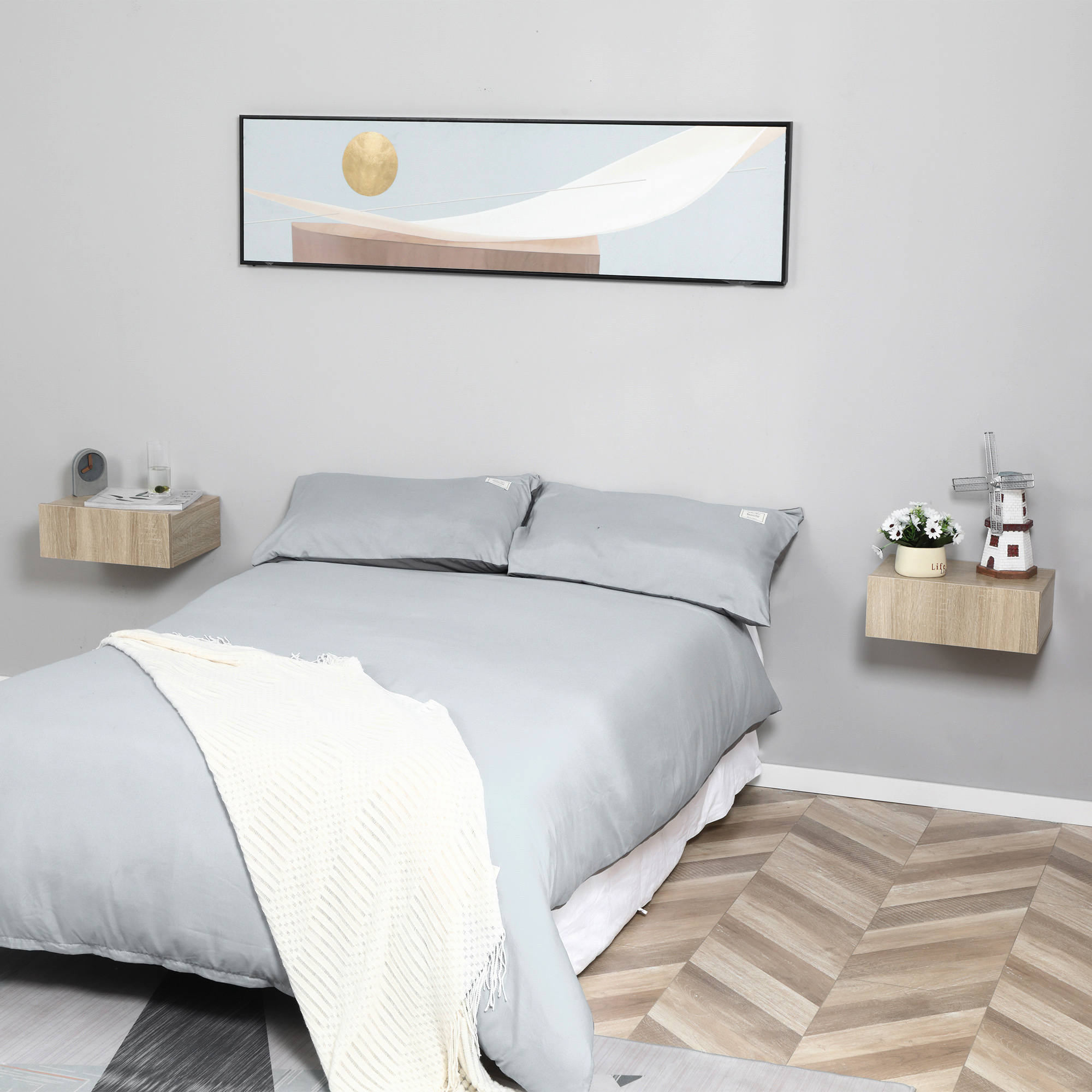 HOMCOM Set von 2 Wand-Nachttischen - Set von 2 Nachttischen - Schublade, Tablett - Spanplatten Eichenoptik