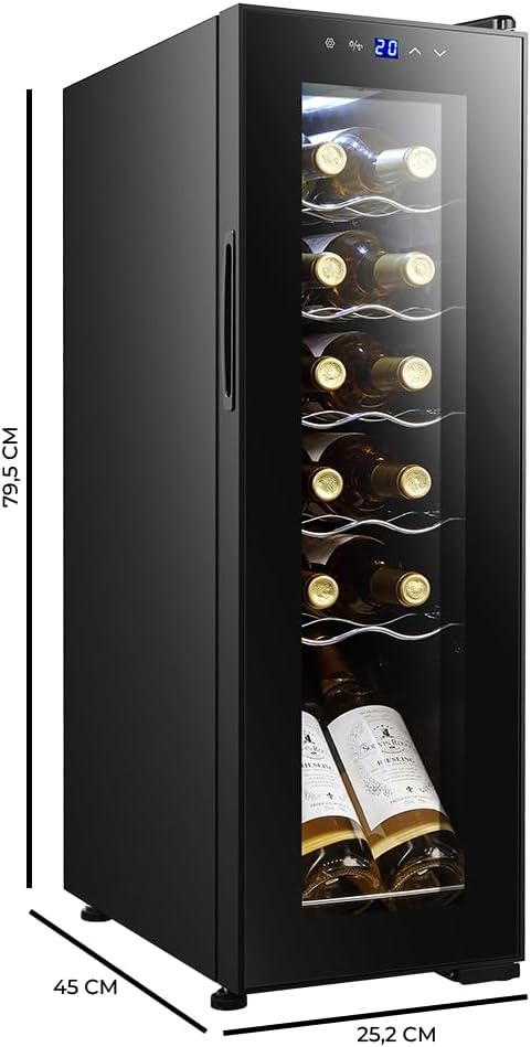 Cecotec Cantinetta Vino Bolero GrandSommelier 1250 CoolCrystal Compressor. 12 Bottiglie, Display Touch, 8-18oC, Ripiani in Legno, LED, 25,2x45x79,5 cm, perfetta per conservare i tuoi vini.