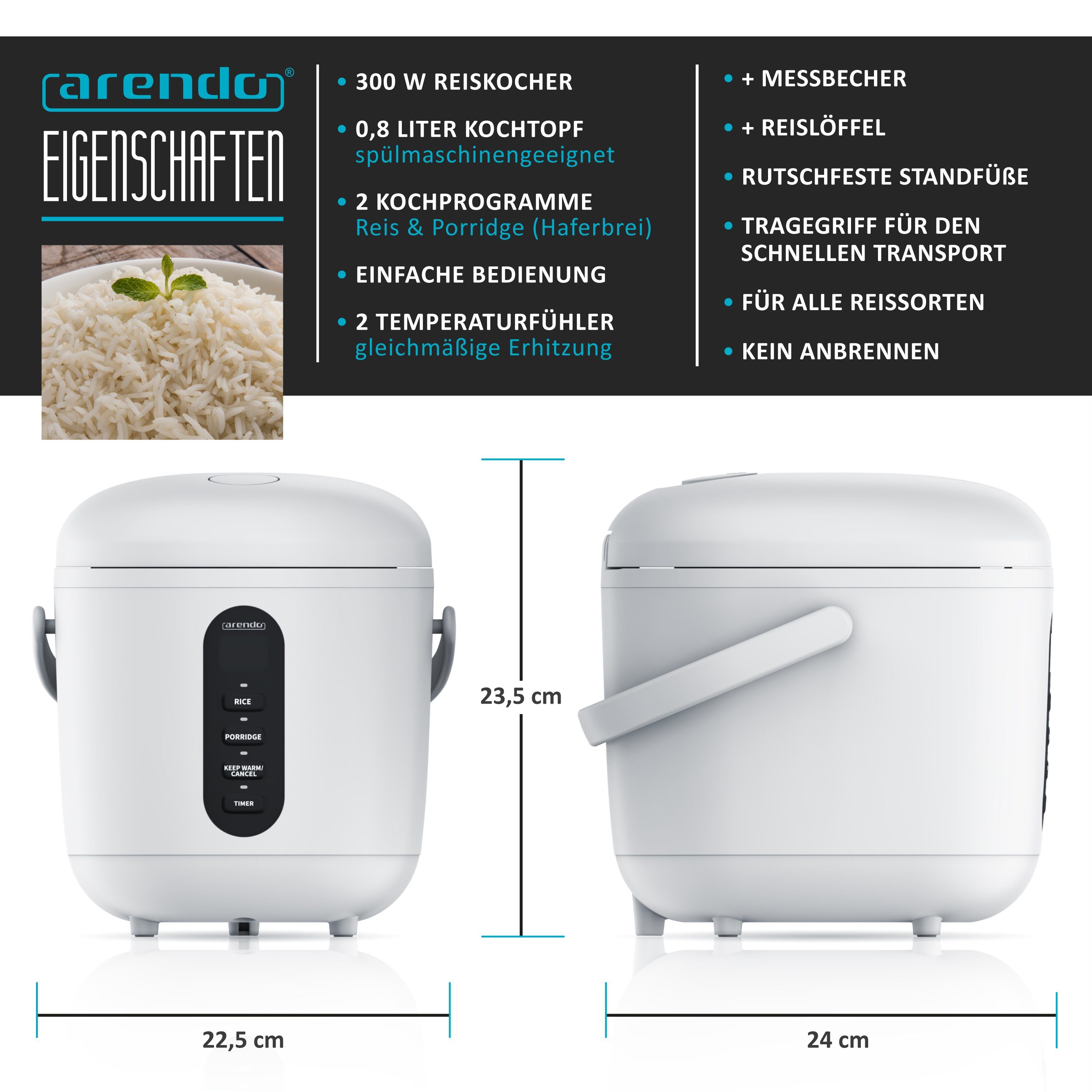 Reiskocher 0,8l, Messbecher & Reislöffel, Kochprogramme, Timer, Warmhaltefunktion