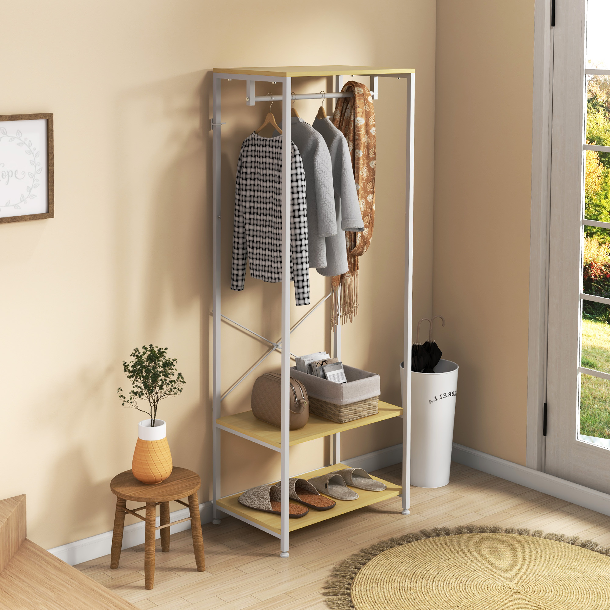 HOMCOM Bodenstehender Garderobenständer 2-in-1 mit 2-stufigem Regal, aus Stahl und Spanplatte, 60x40x167,5 cm
