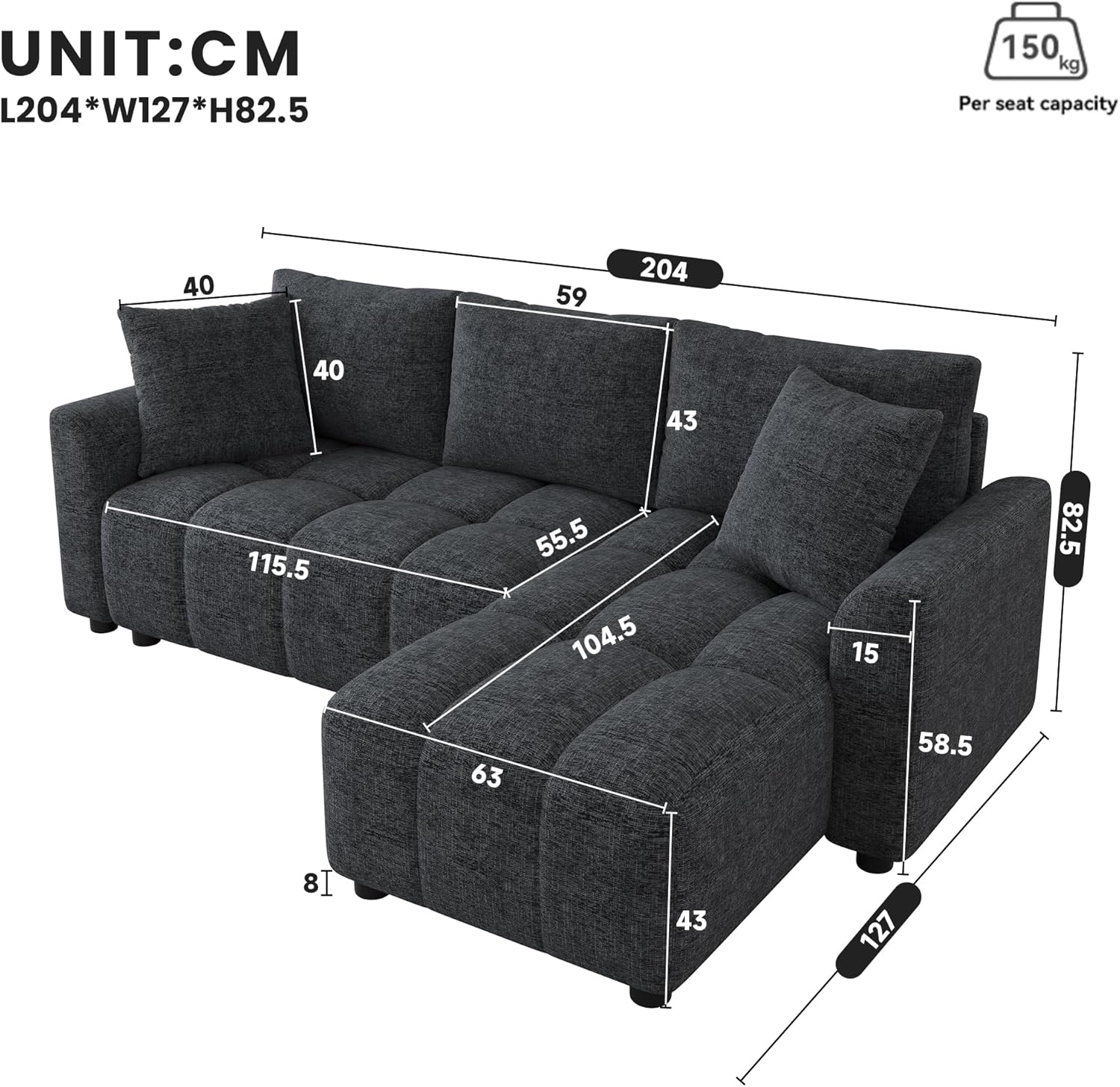 Divano angolare a forma di L, 3 posti, 82,5 x 127 x 204 cm, grigio, trasformabile, in ciniglia, con 2 cuscini decorativi, adatto per soggiorno e appartamento