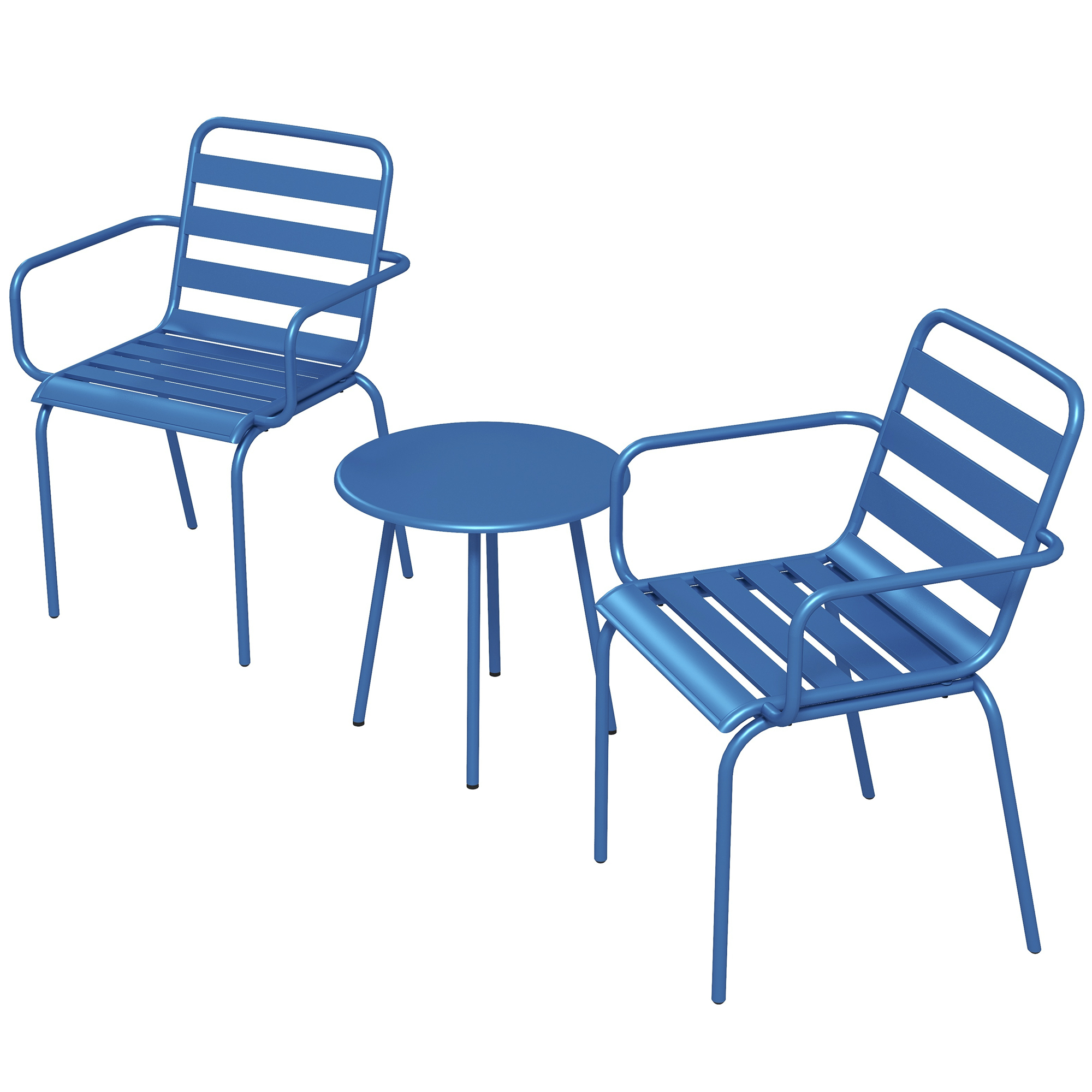 Outsunny 3-teiliges Gartenbistro-Set, Gartensitzgruppe mit 2 stapelbaren Stühlen mit Armlehnen + runden Beistelltisch aus Stahl