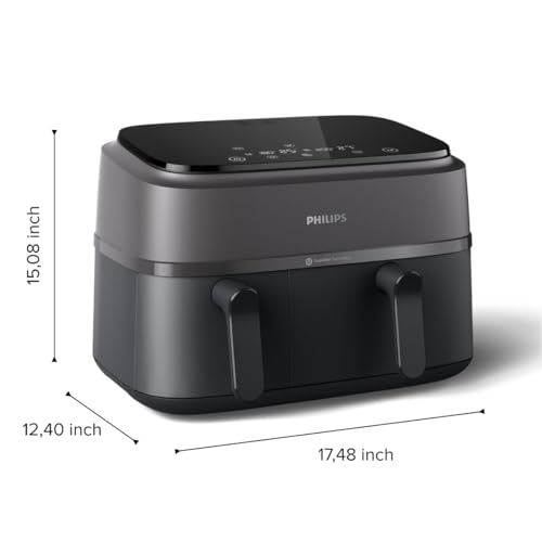 Philips Dual Basket Air Fryer 3000 Series, 8 in 1 functions, 9.5 Quarts, 2 Drawers, Auto sync Cooking Time, 90% Less Fat, Rapid Air Technology, HomeID Recipe App, Dishwasher Safe, Black, (NA350/00) : Home & Kitchen