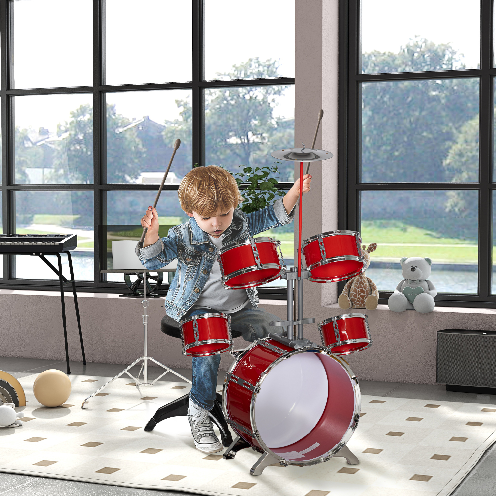 AIYAPLAY Set Batteria per Bambini da 5 Pezzi mit Grancassa mit Pedale, Trommeln, Becken und Hocker, Alter 3-6 Jahre, Rot