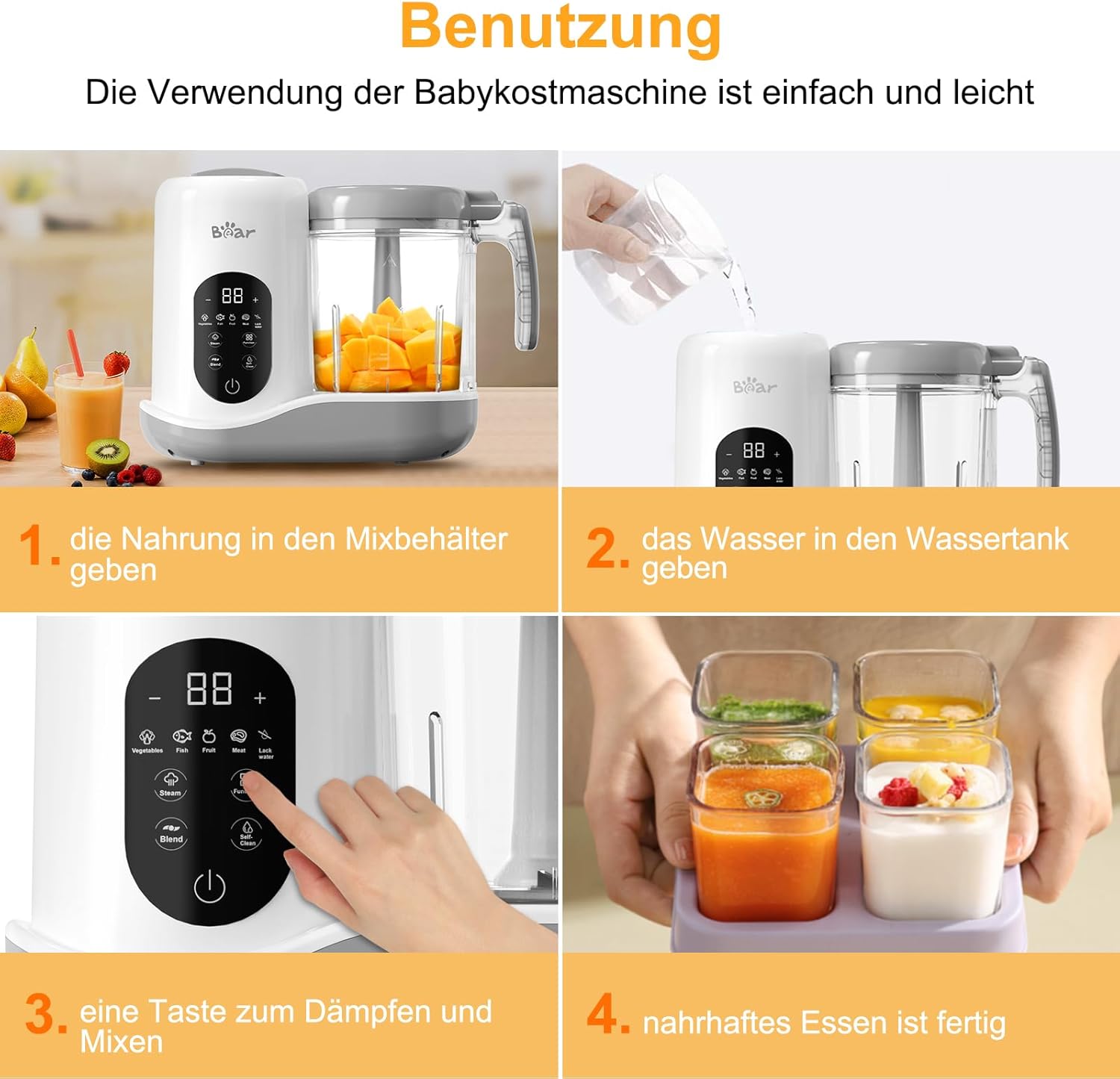 Bear Babynahrungszubereiter,Eine Stufe Baby Food Maker Dampfgarer Mixen,Automatisches Kochen & Zerkleinern,Babybrei Zubereiter mit Selbstreinigungsfunktion,Wei