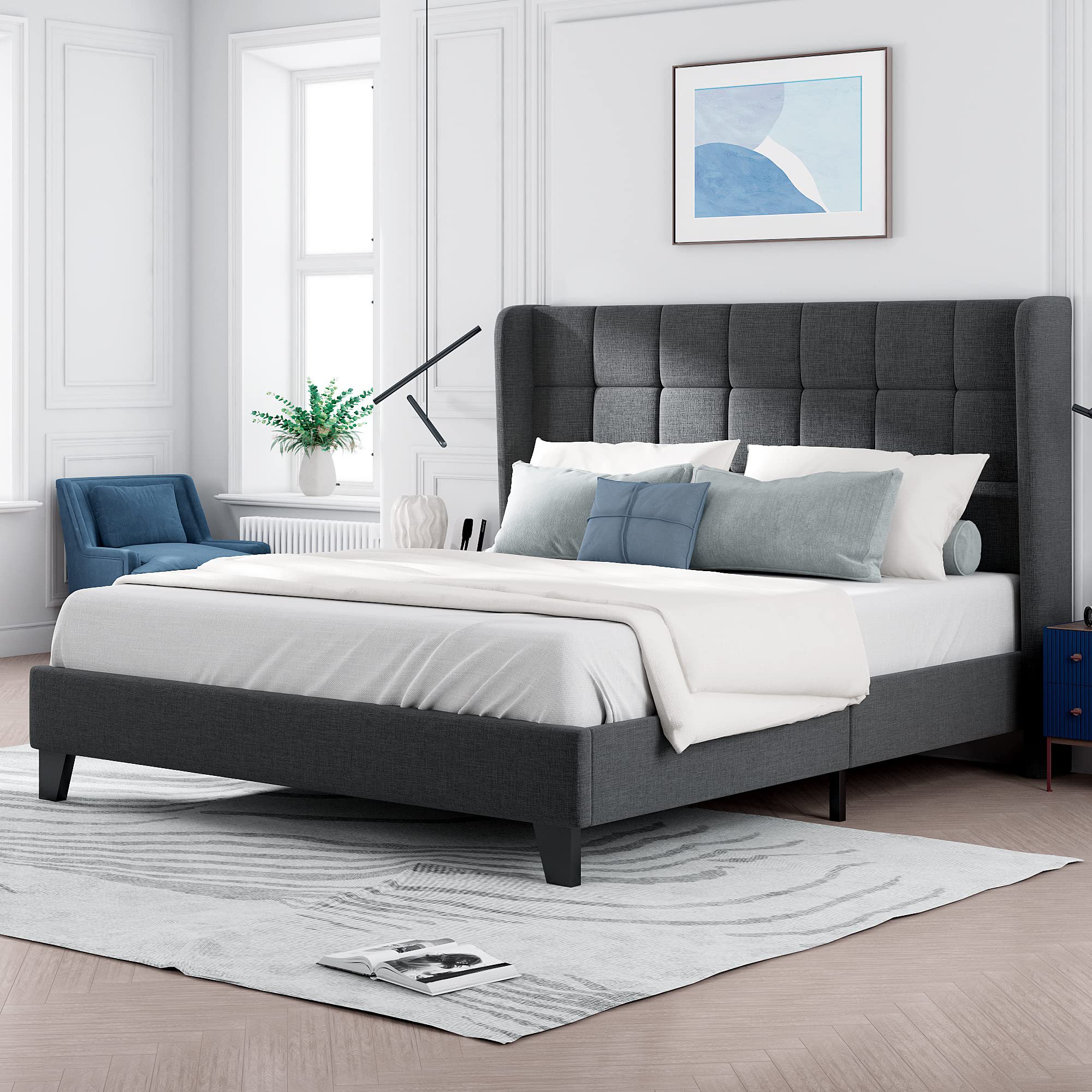 Doppelbett mit gepolstertem Kopfteil und Lattenrost, Bezug in Leinenoptik, ohne Matratze, 140x200 cm, Grau