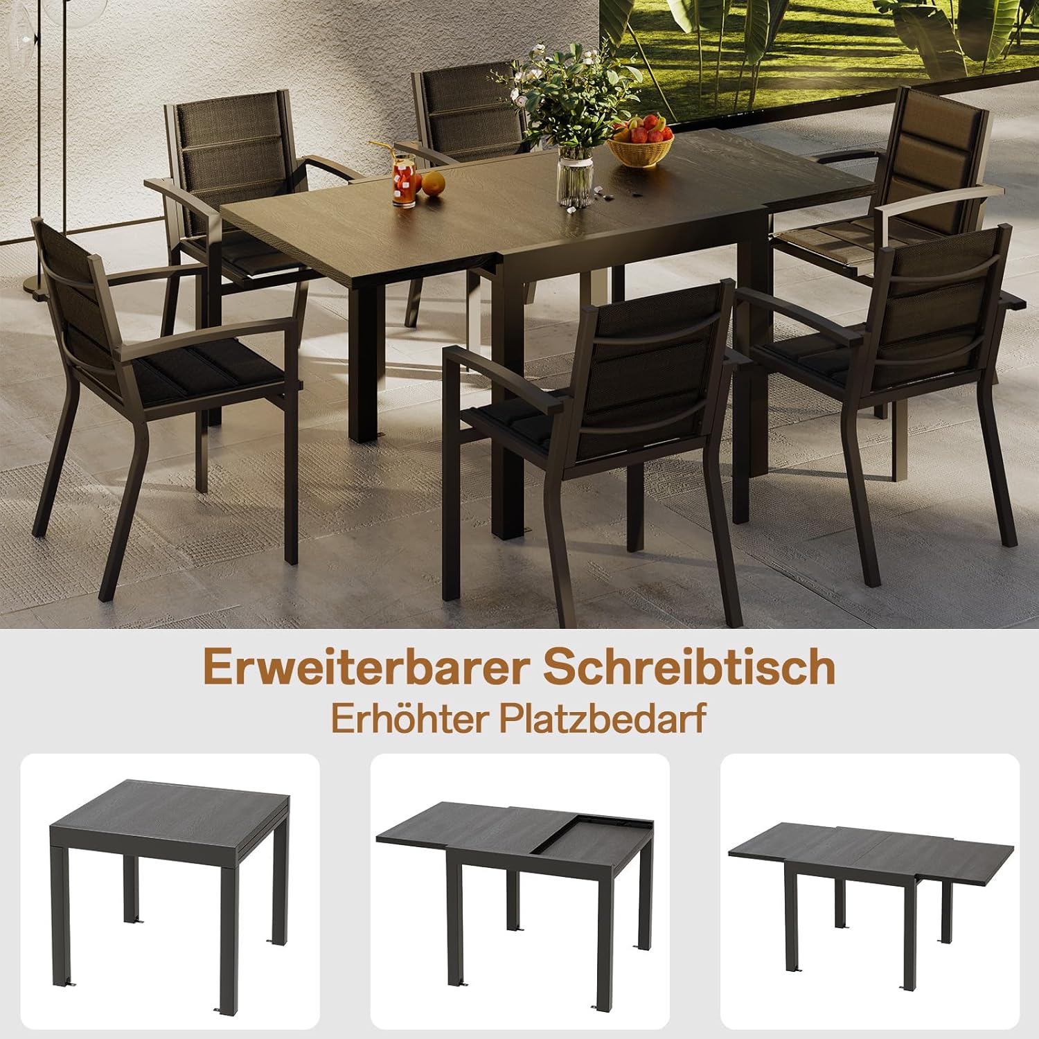 Devoko Extendable Aluminium Garden Table – Weather Resistant, 130 – 260 x 80 x 75 cm, UV Protection and Easy to Clean, for 4 – 6 People for Patio/Garden, Dark Grey